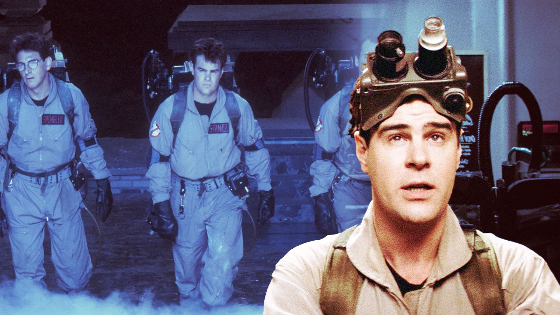 An edited image of Dan Aykroyd wearing the Ghostbusters jumpsuit with a proton pack in Ghostbusters