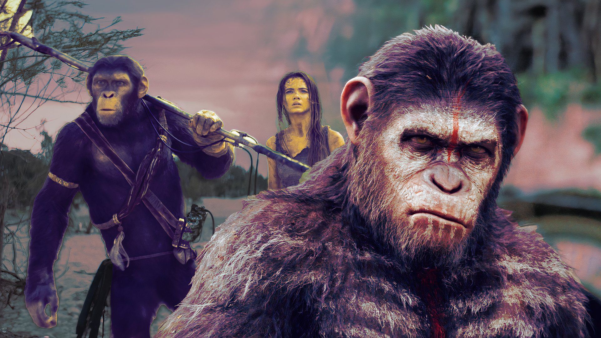 An edited image of Caesar, Noa, and Mae in Dawn of the Planet of the Apes and Kingdom of the Planet of the Apes