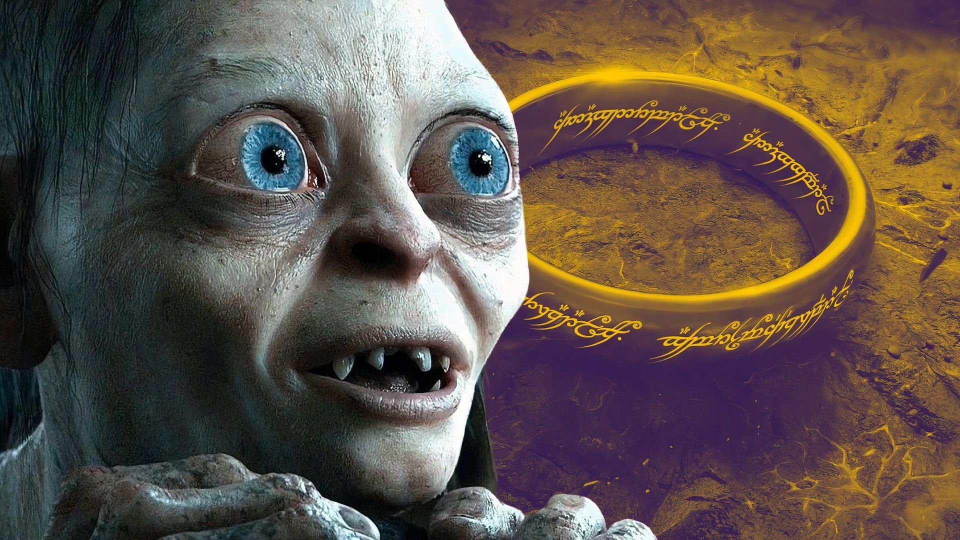 An edited image of Gollum looking at the one ring in The Lord of the Rings
