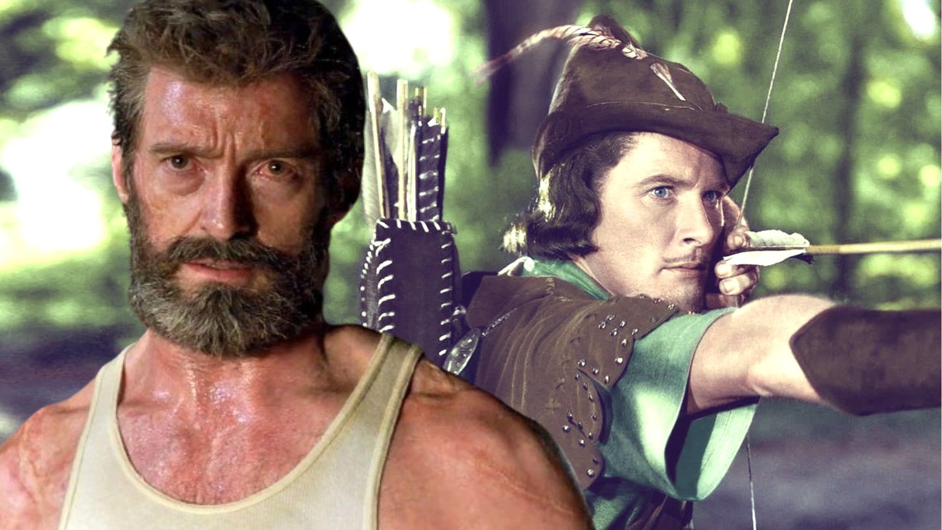 Hugh Jackman in Logon and Errol Flynn as Robin Hood.