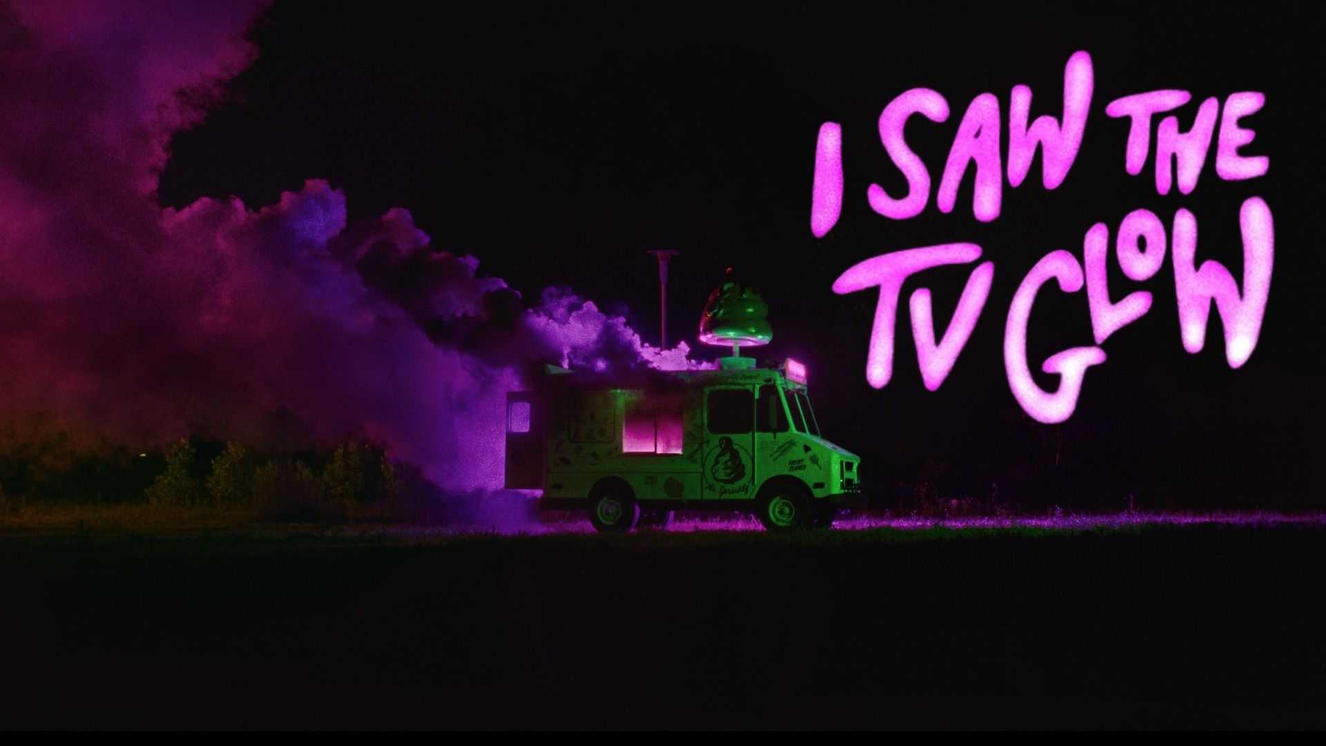 A truck on fire with pink smoke in the Jane Schoenbrun film I Saw the TV Glow