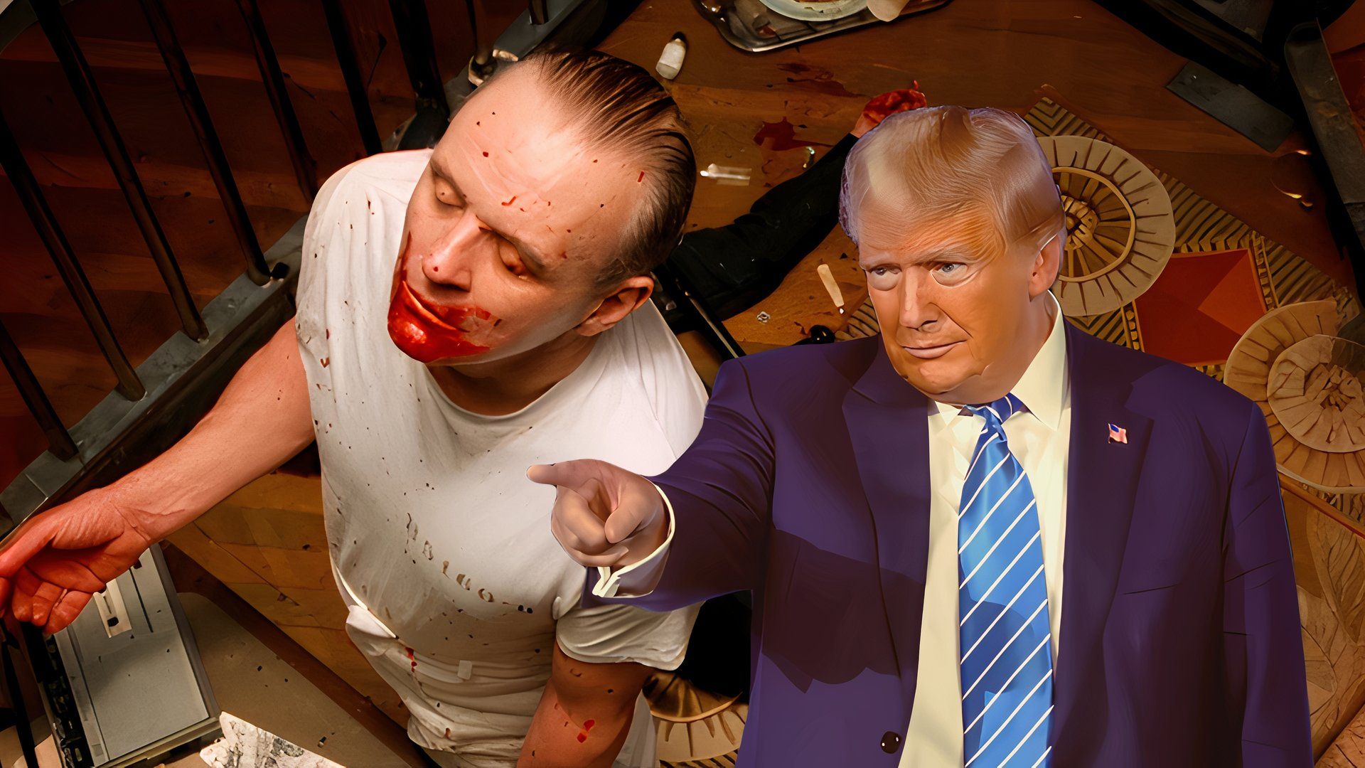 Anthony Hopkins as a bloody Hannibal Lecter in Silence of the Lambs next to Donald Trump pointing at him