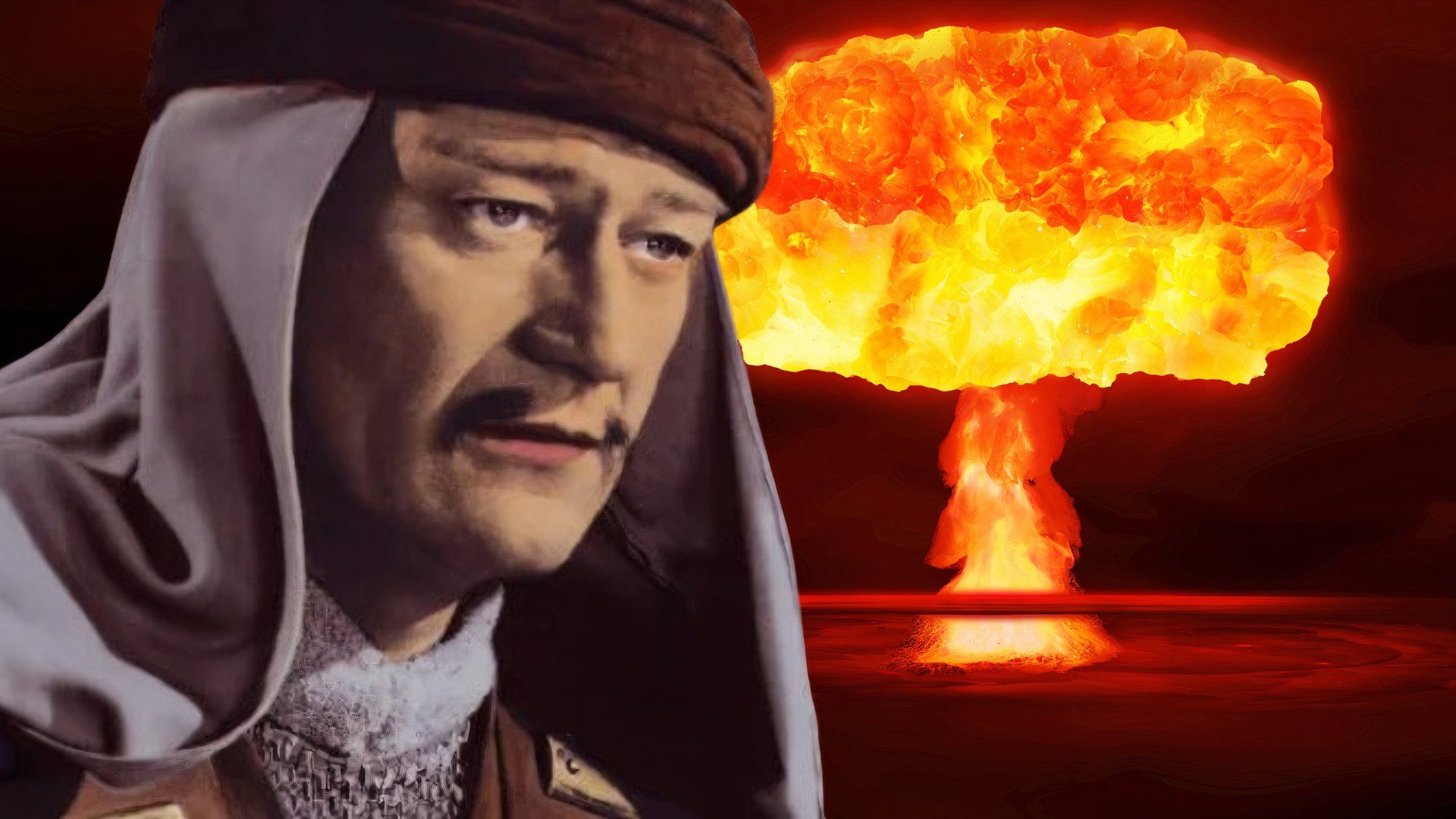 John Wayne as Genghis Khan in The Conqueror next to an atom bomb explosion in Hollywood Fallout documentary