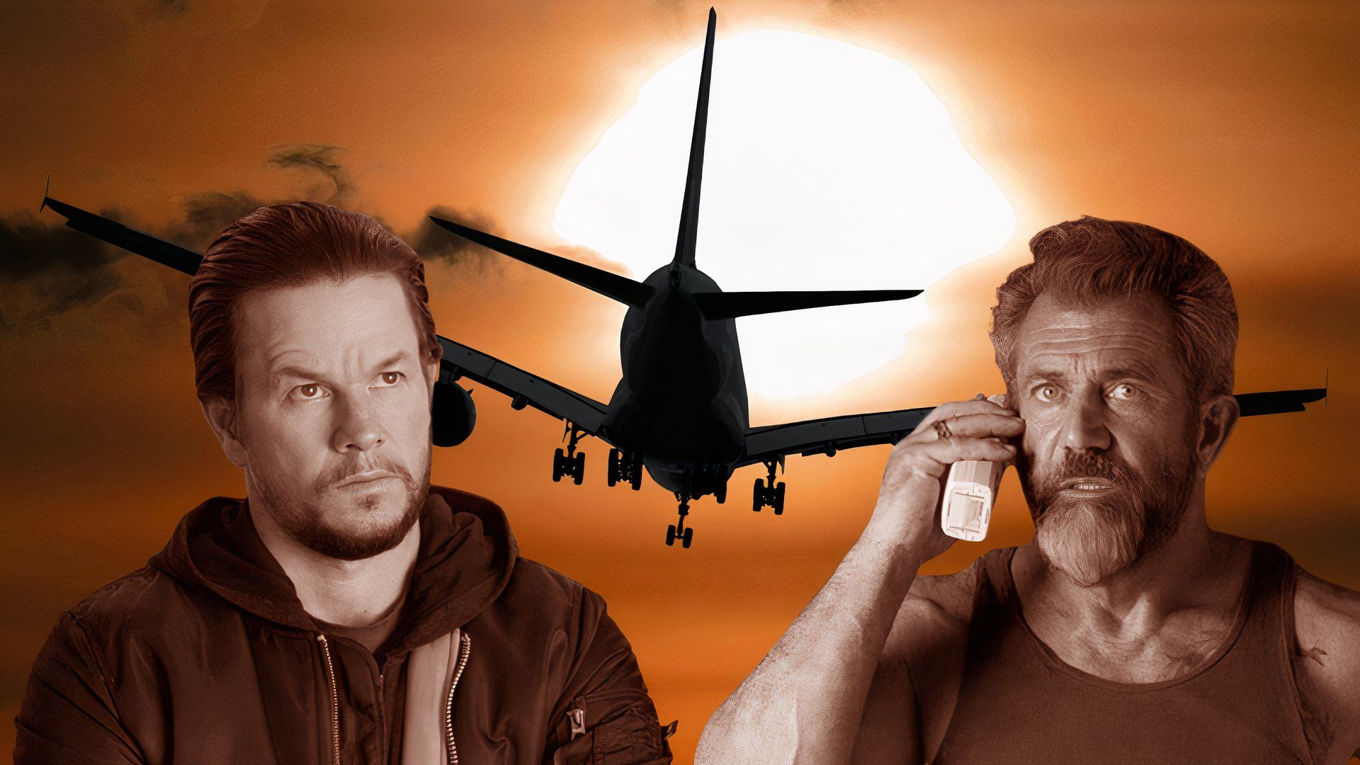 Mark Wahlberg and Mel Gibson from Daddy's Home with a giant plane behind them for Flight Risk