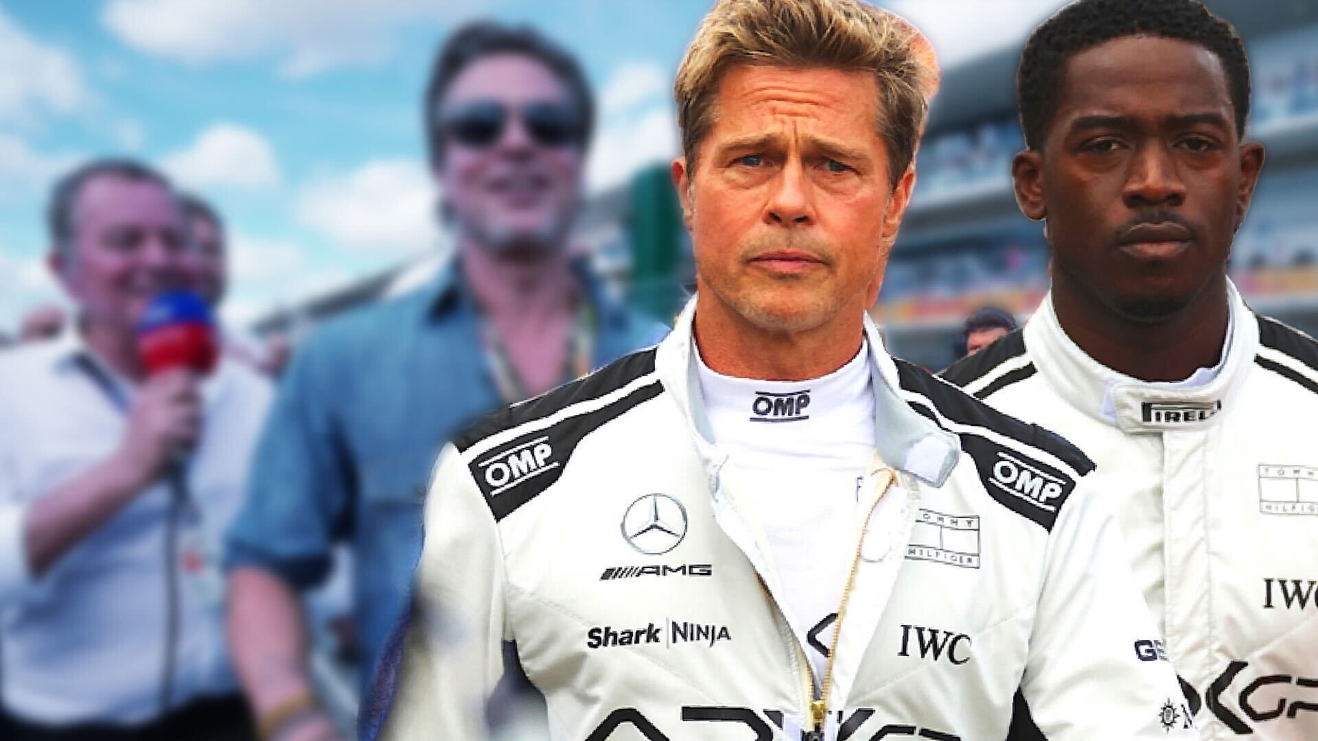 Brad Pitt in Formula One suit with racing circuit interview background