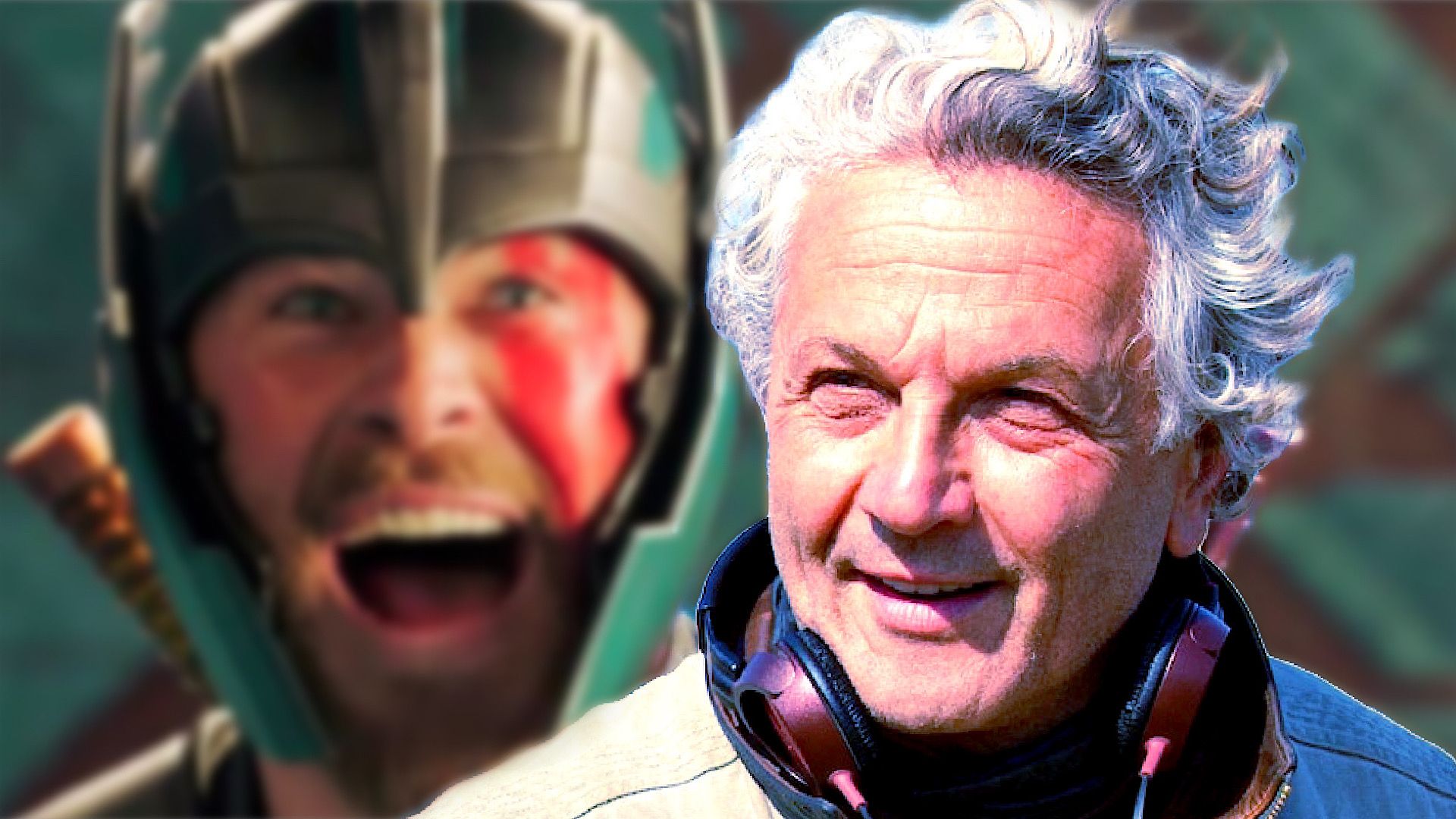 George Miller with headphones and Chris Hemsworth as Thor laughing