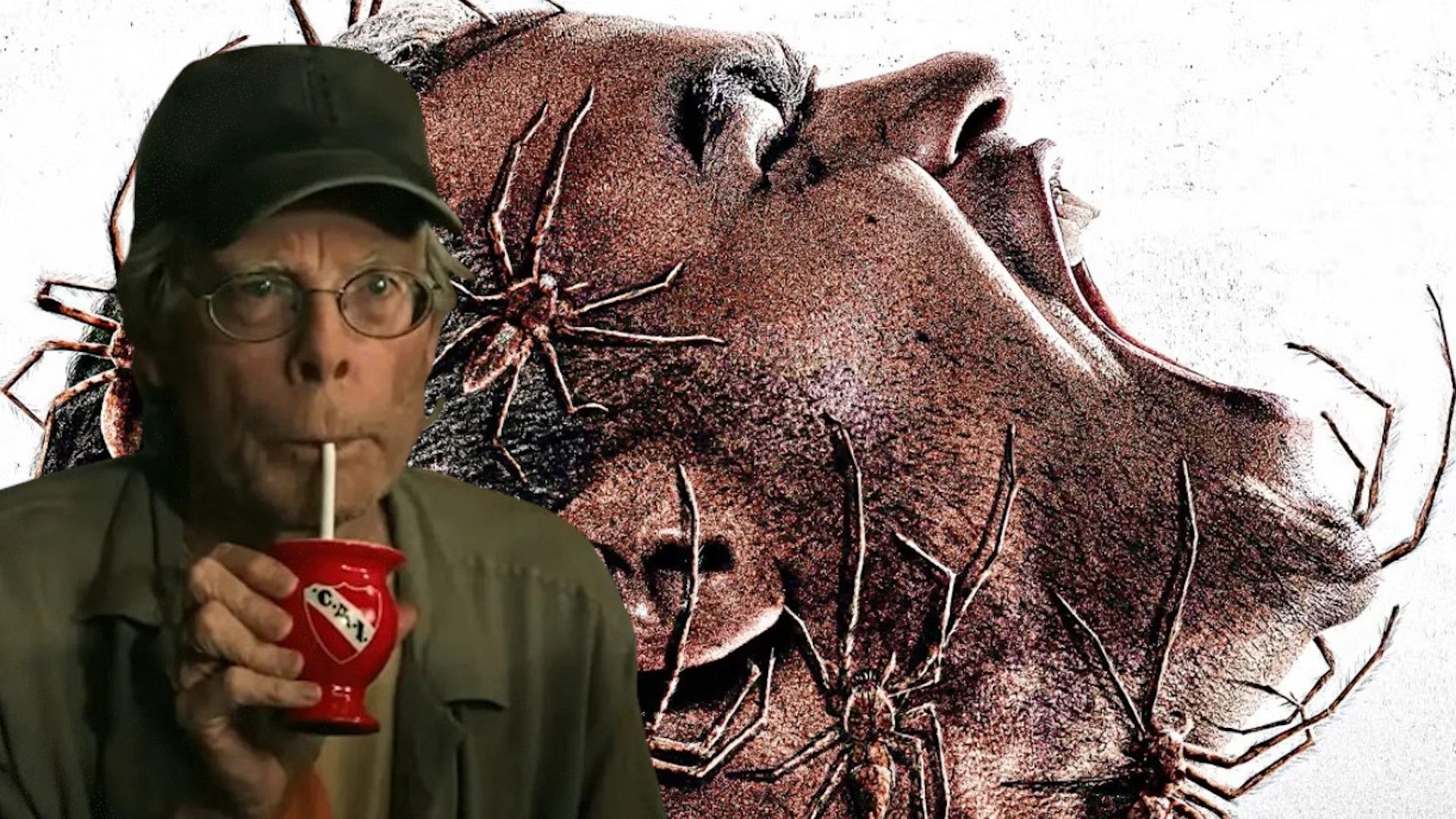 Stephen King sipping a drink over the Infested poster