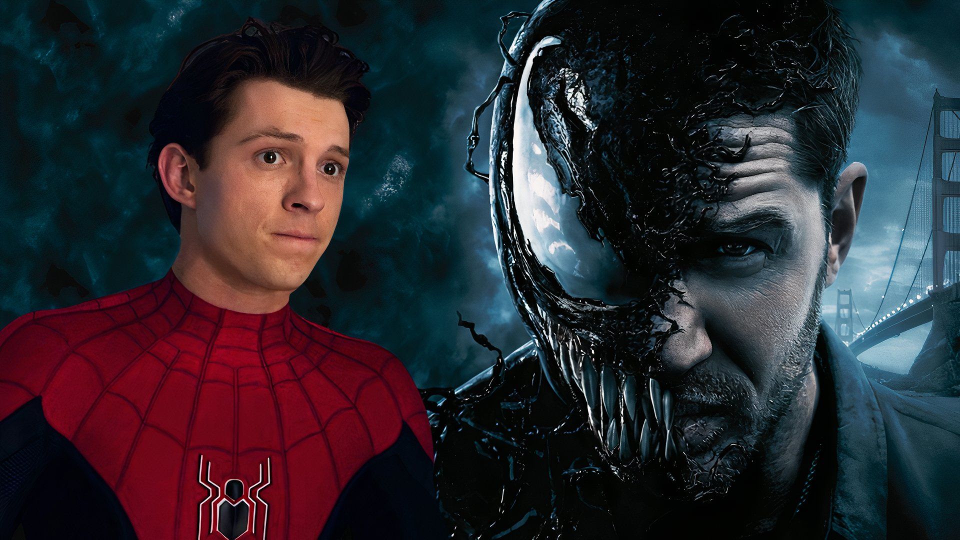 An edited image of Tom Holland as Spider-Man wearing his suit with Tom Hardy as Eddie Brock/Venom in Venom next to him
