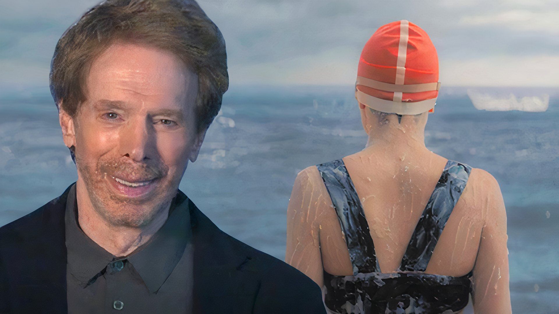 Jerry Bruckheimer alongside a still from Young Woman and the Sea.