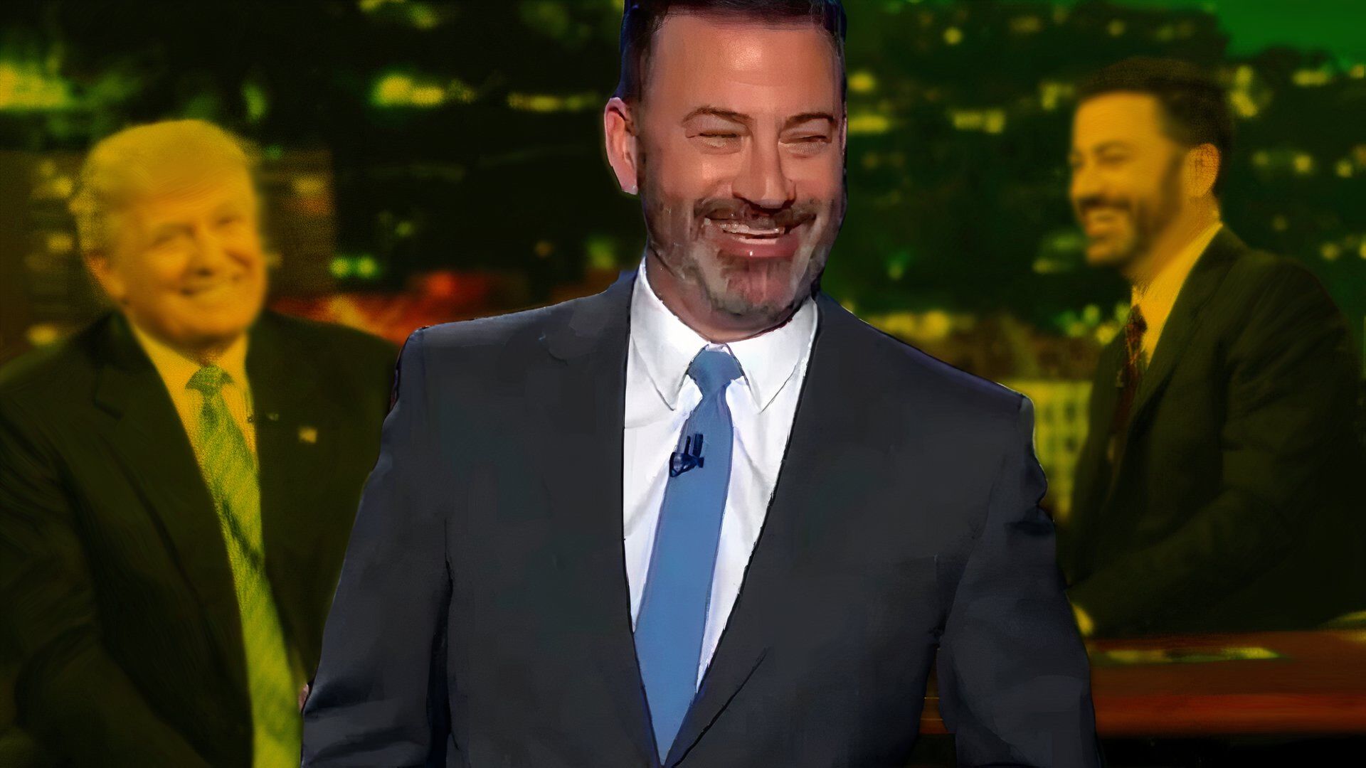 Jimmy Kimmel laughing and interviewing Donald Trump