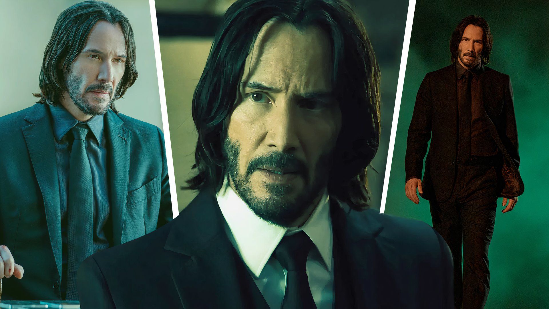 An edited image of Keanu Reeves wearing a black suit and tie as John Wick in John Wick: Chapter 4