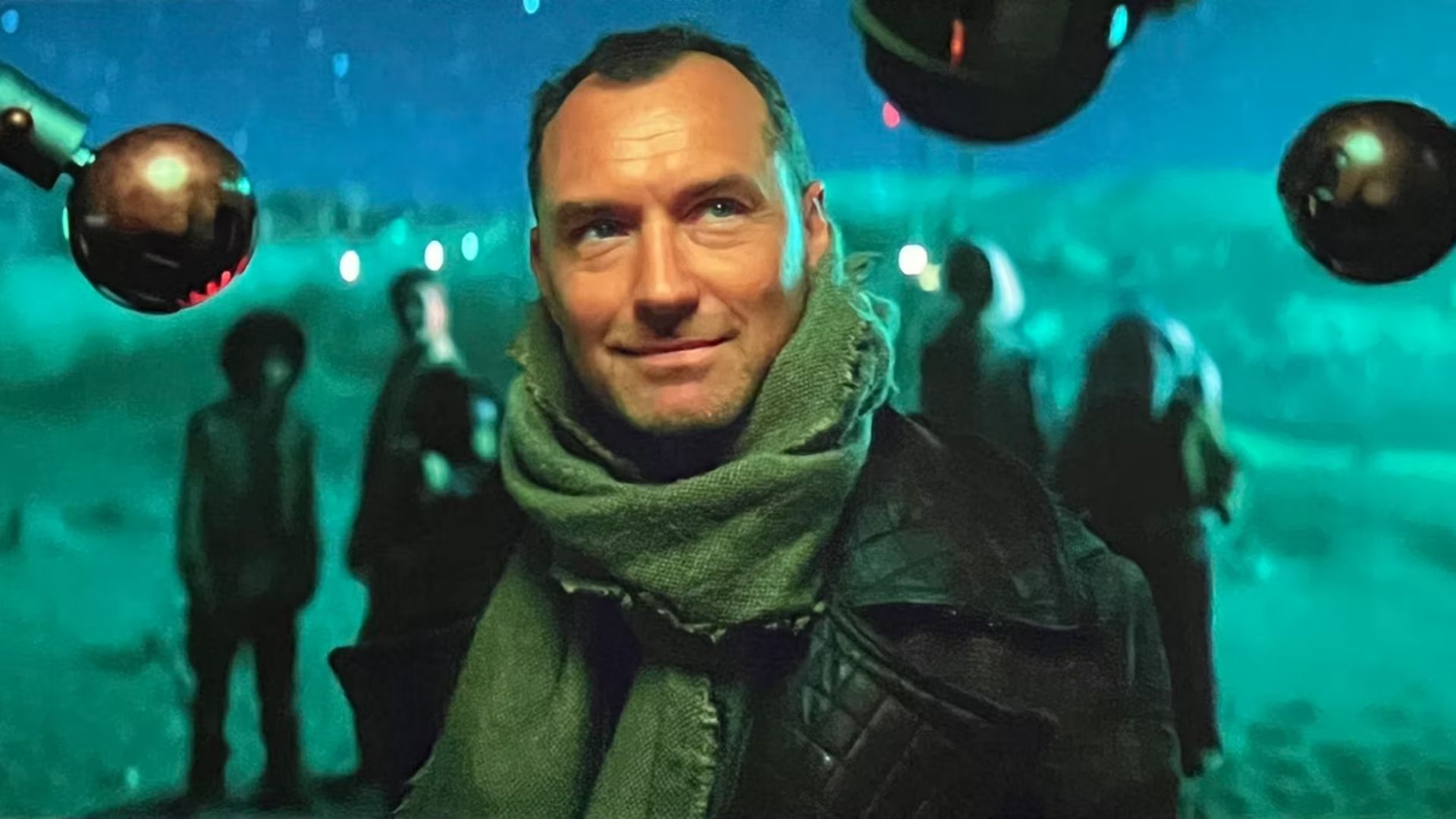 Jude Law in a scarf and leather jacket as Force-user in Star Wars Skeleton Crew