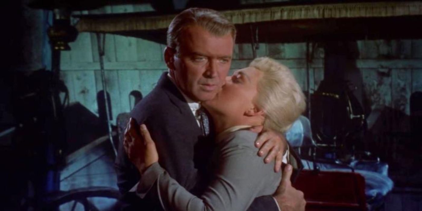 Judy and Scottie played by Jimmy Stewart and Kim Novak in Vertigo