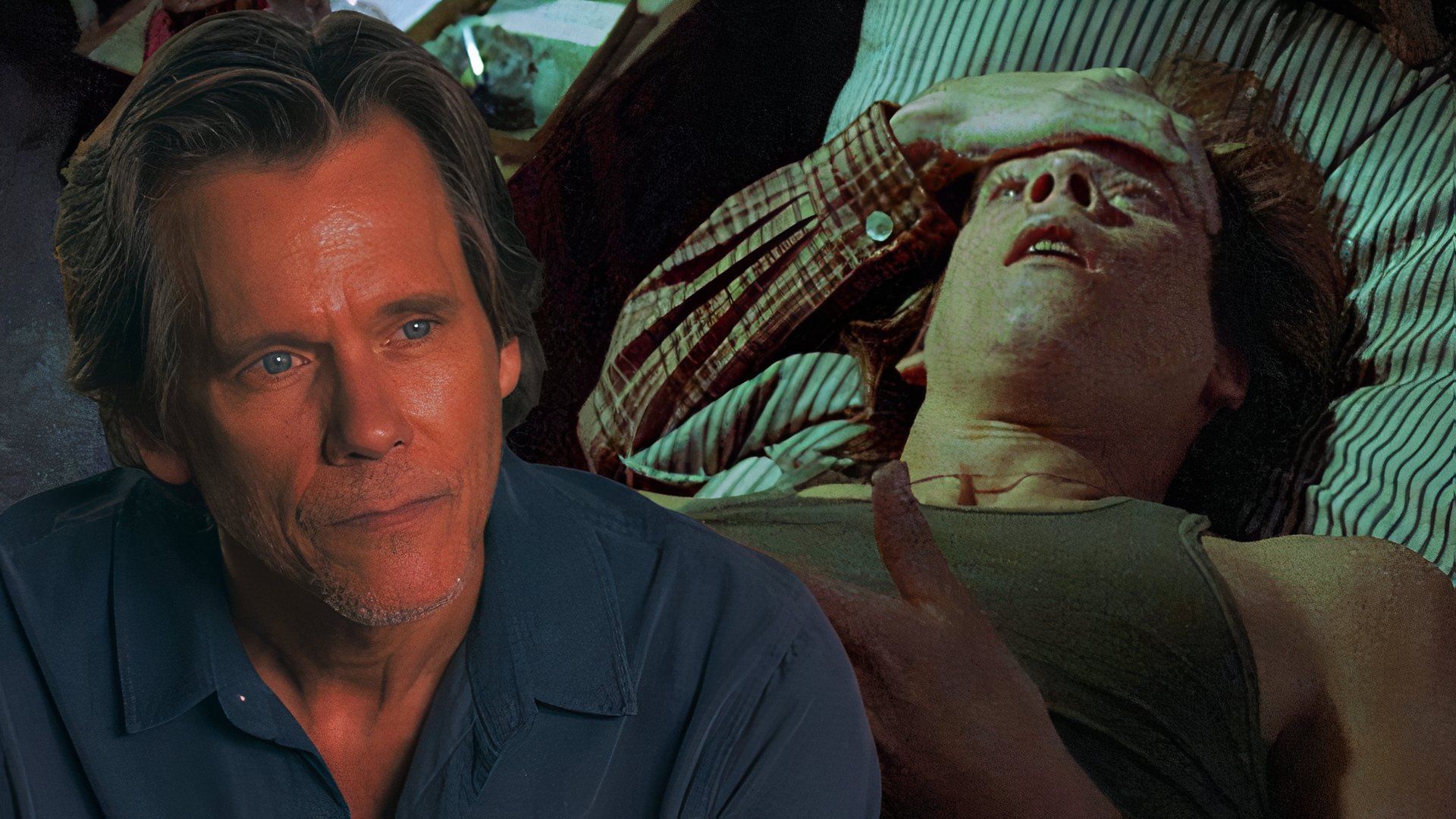 Kevin Bacon in They/Them over an image of his death in Friday the 13th
