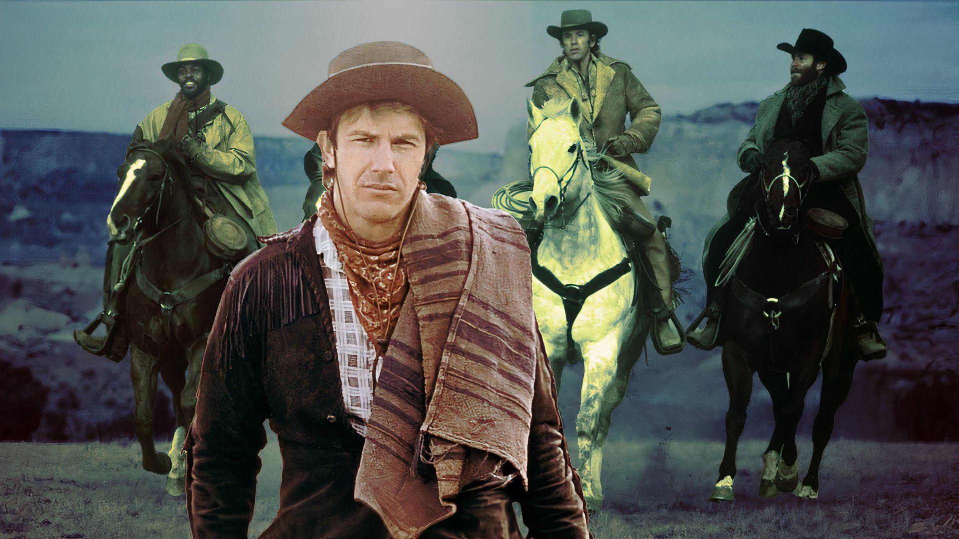 Kevin Costner wearing a cowboy hat with three people on a horse behind him in an edit of Silverado