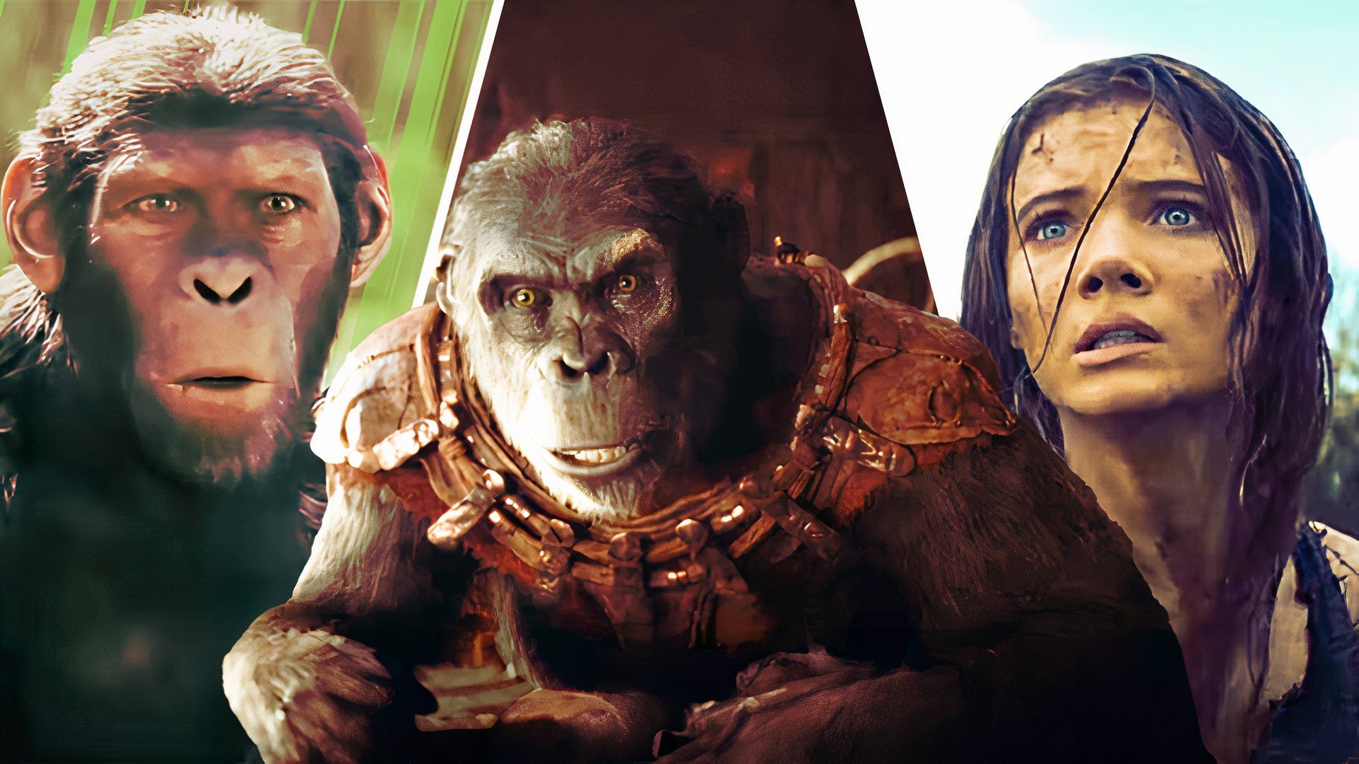 An edited image of Proximus, Noa, and Mae in Kingdom of the Planet of the Apes