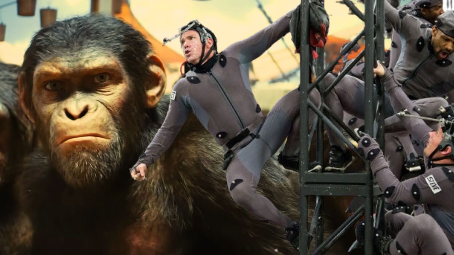 Still from Kingdom of the Planet of the Apes & actors in mo-cap suits.