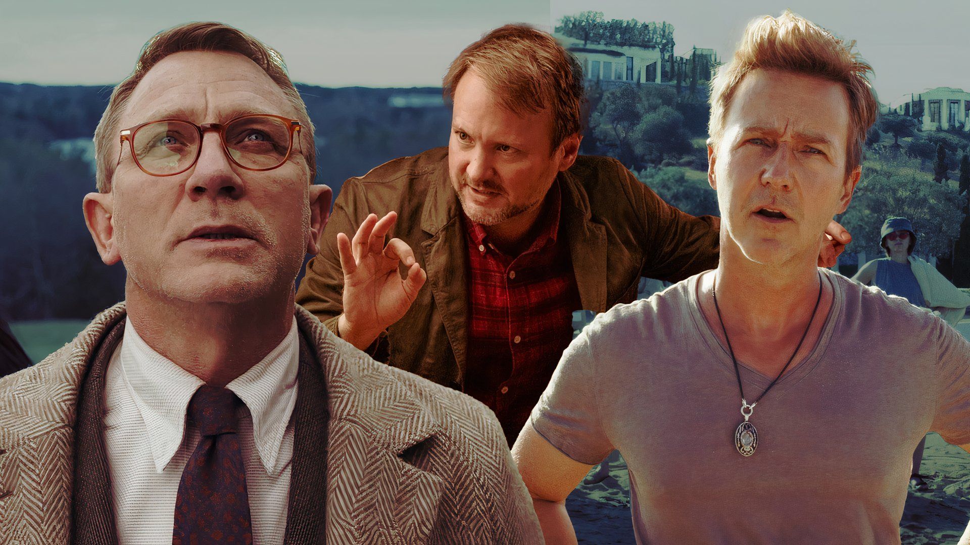 An edited image of Daniel Craig, Rian Johnson, and Edward Norton in the Knives Out Franchise