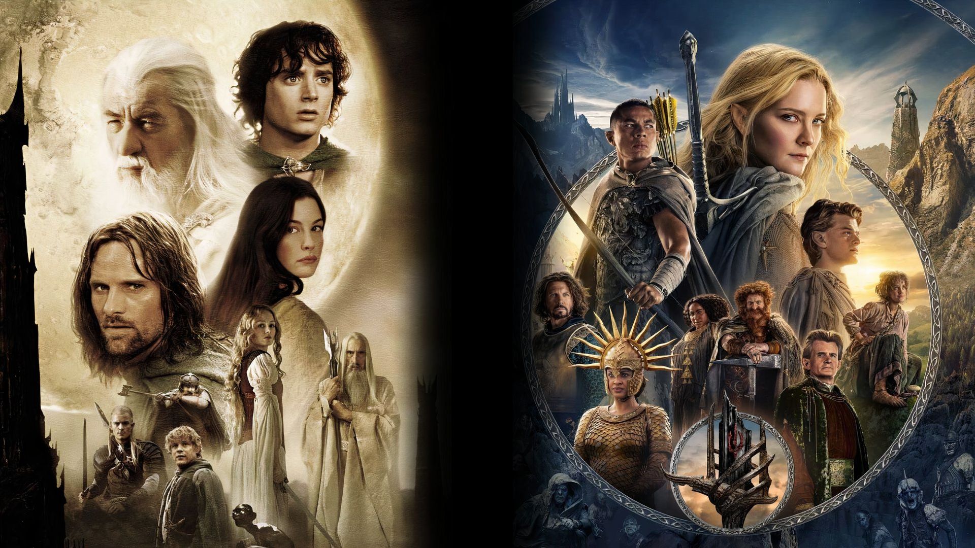 An edited image of The Lord of the Rings franchise with the Peter Jackson movies and Rings of Power series