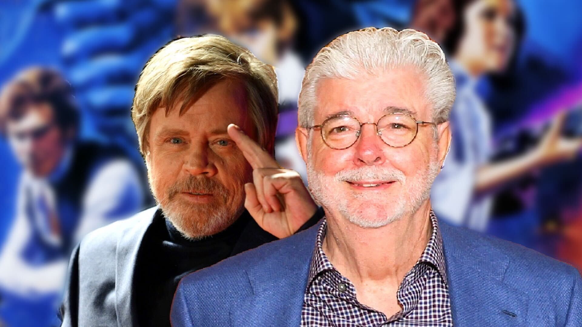 Mark Hamill Saluting George Lucas with Star Wars background