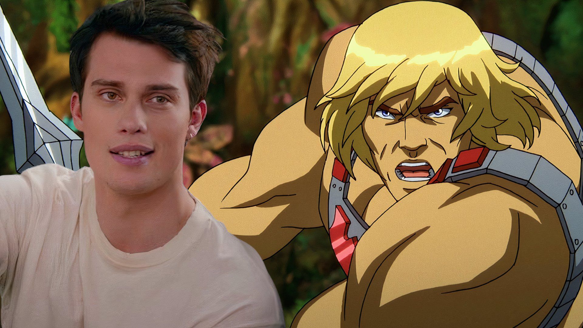 Nicholas Galitzine in The Idea of You over an image of He-Man from Master of the Universe
