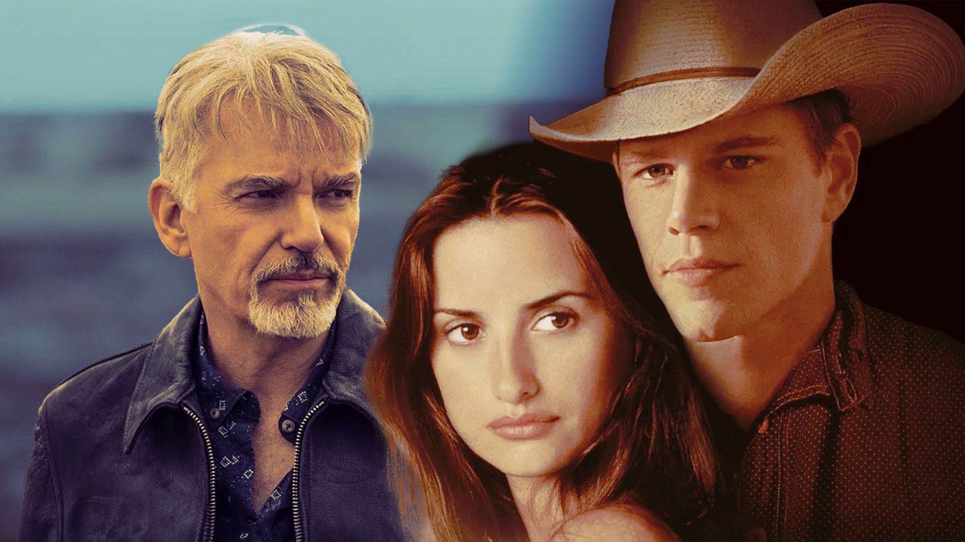 An edited image of Matt Damon, Billy Bob Thornton, and Penelope Cruz in All the Pretty Horses