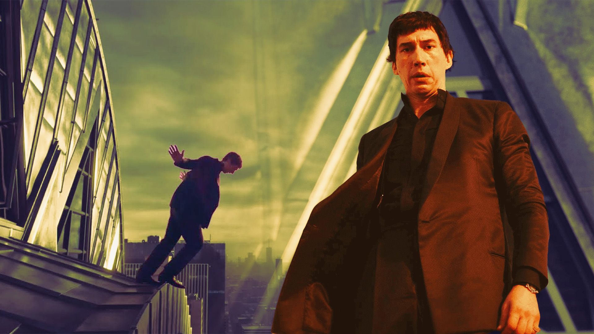 An edited image of Adam Driver in Megalopolis leaning over a building in New York City