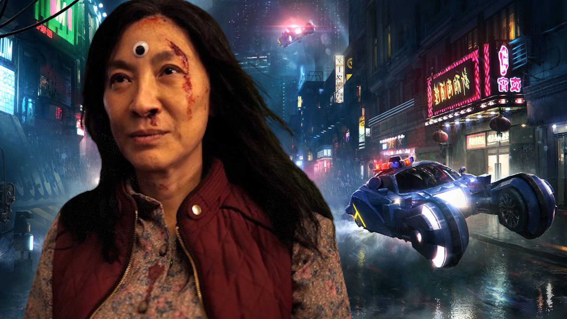 Michelle Yeoh in Everything Everywhere All at Once over an image from Blade Runner 2049