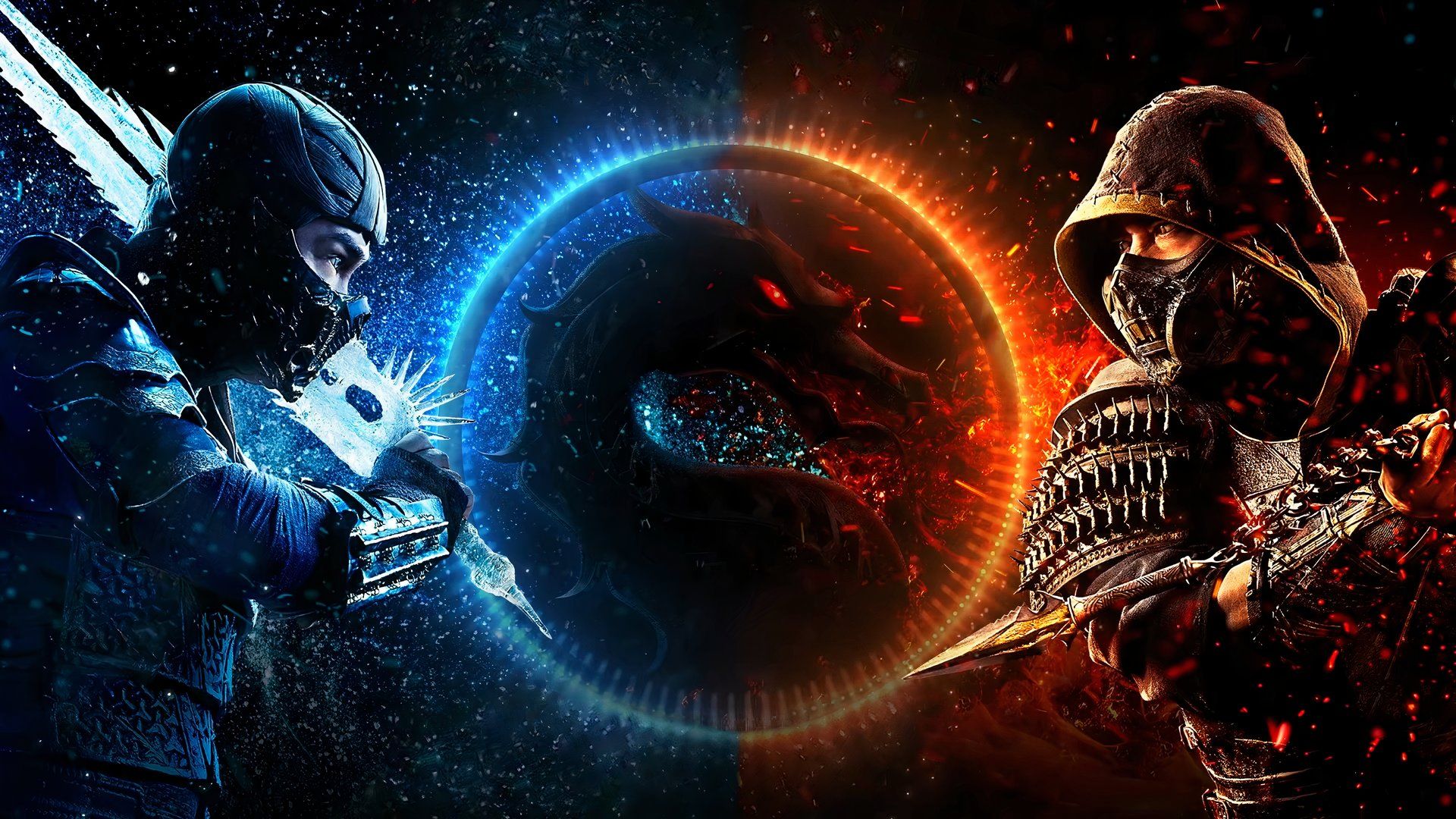 Sub-Zero & Scorpion face-off in front of the Mortal Kombat logo.