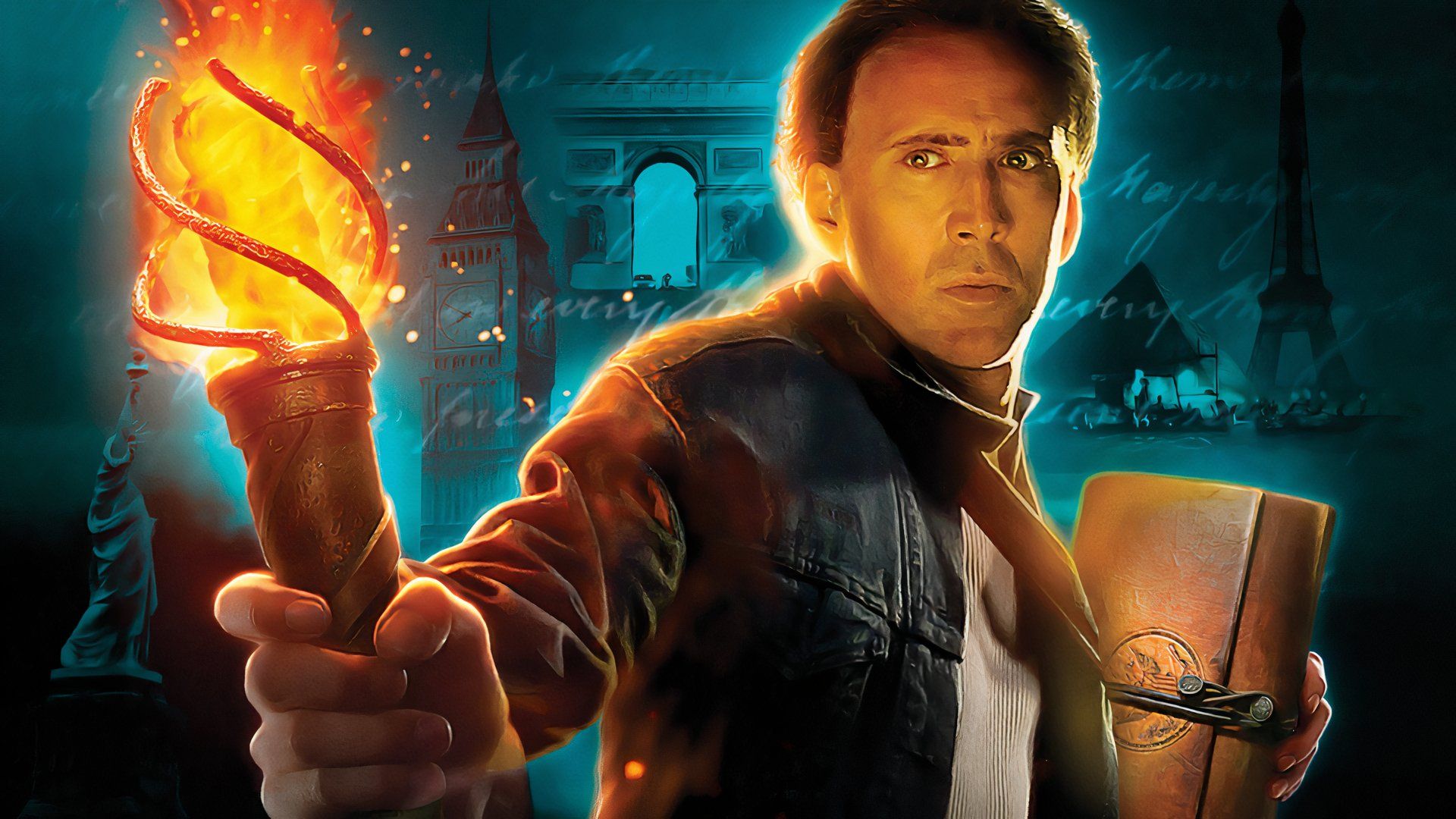 Nicolas Cage with a torch in National Treasure.