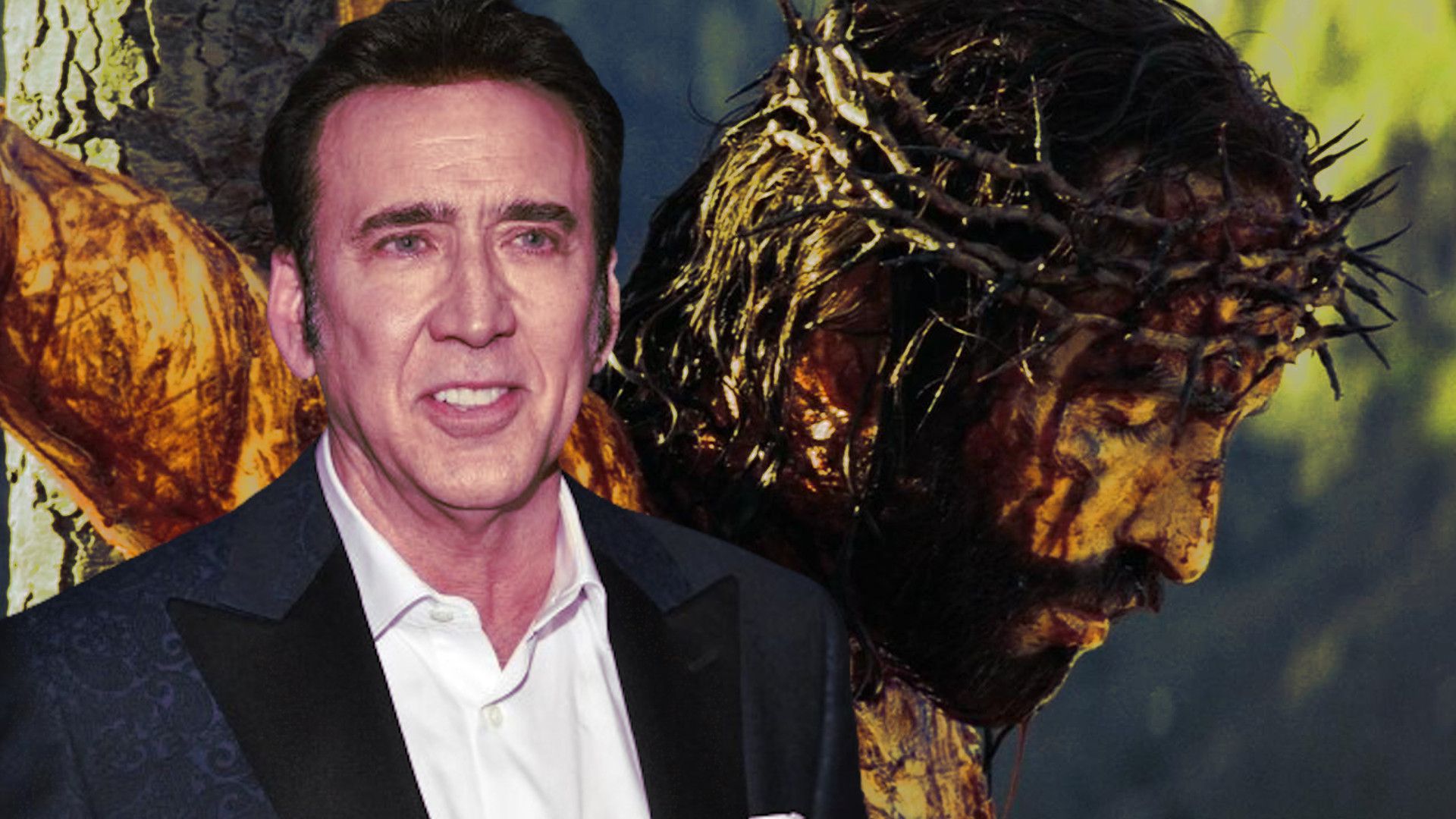Nicolas Cage over an image of Jim Caviezel as Jesus in The Passion of the Christ