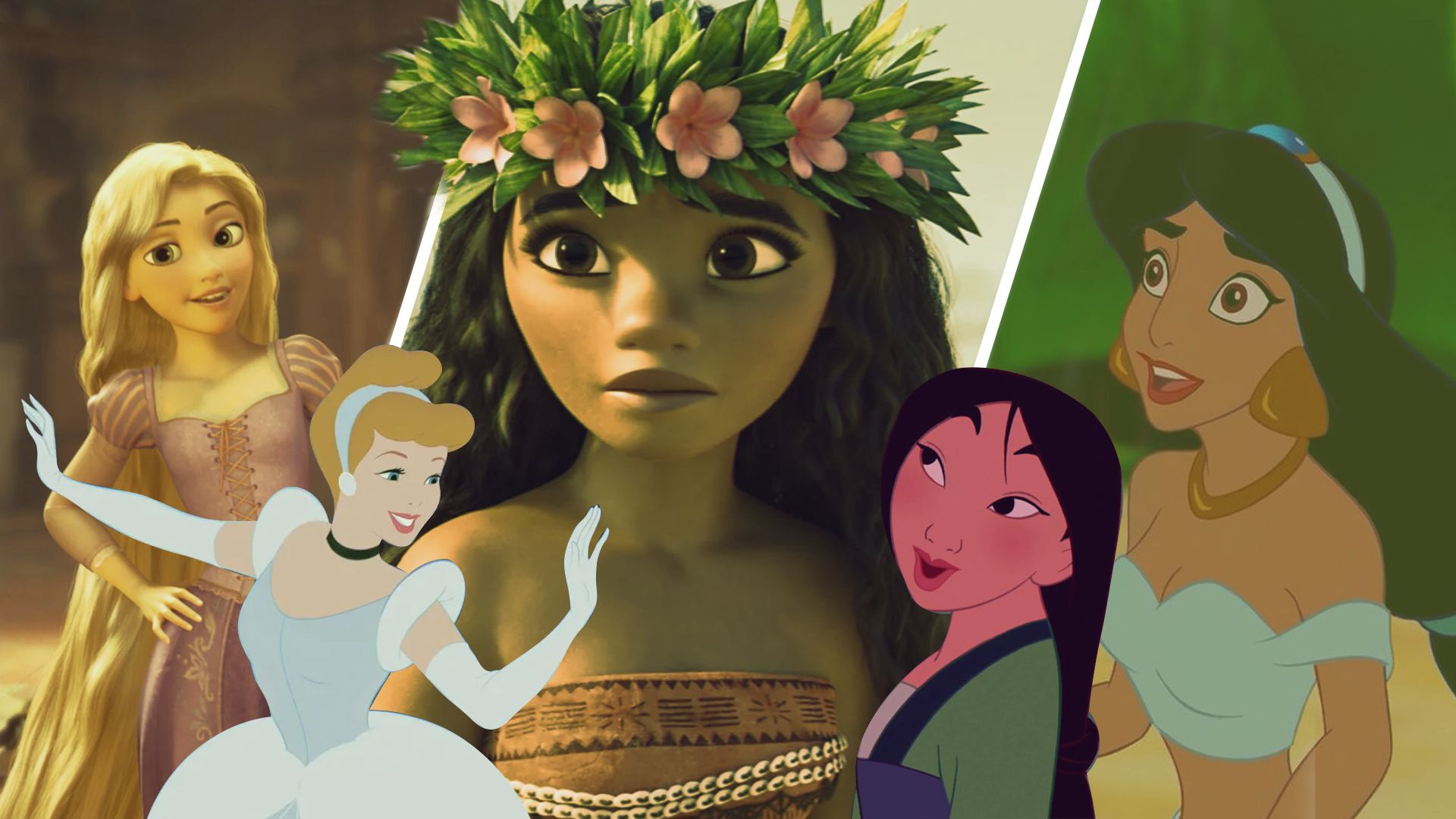 An edited image of different Disney princesses, including Moana, Rapunzel, Cinderella, Mulan, and Jasmine