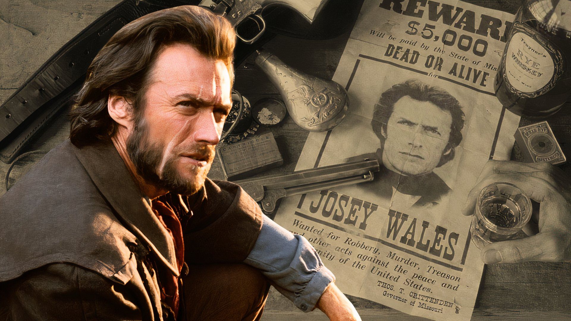 An edited image of Clint Eastwood next to a wanted sign with his face on it in The Outlaw Josey Wales