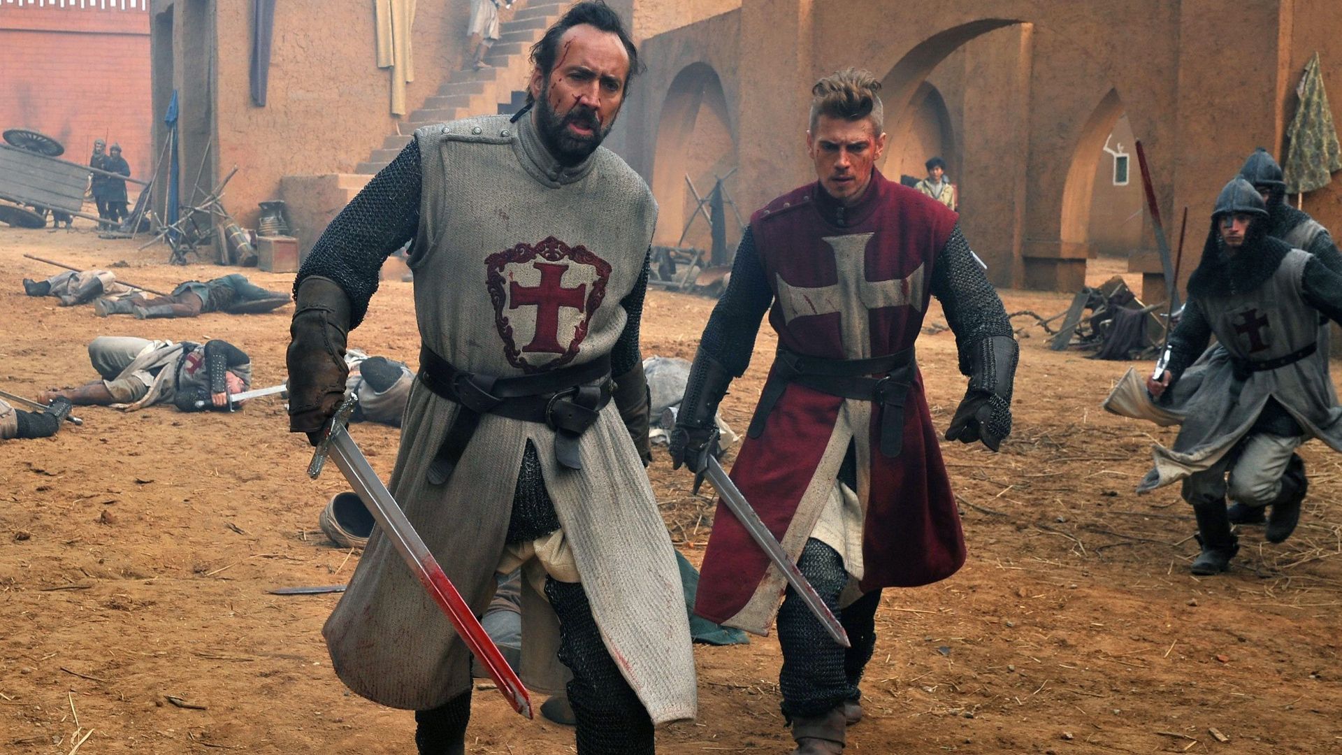 Gallain and Jacob walk with swords in Outcast