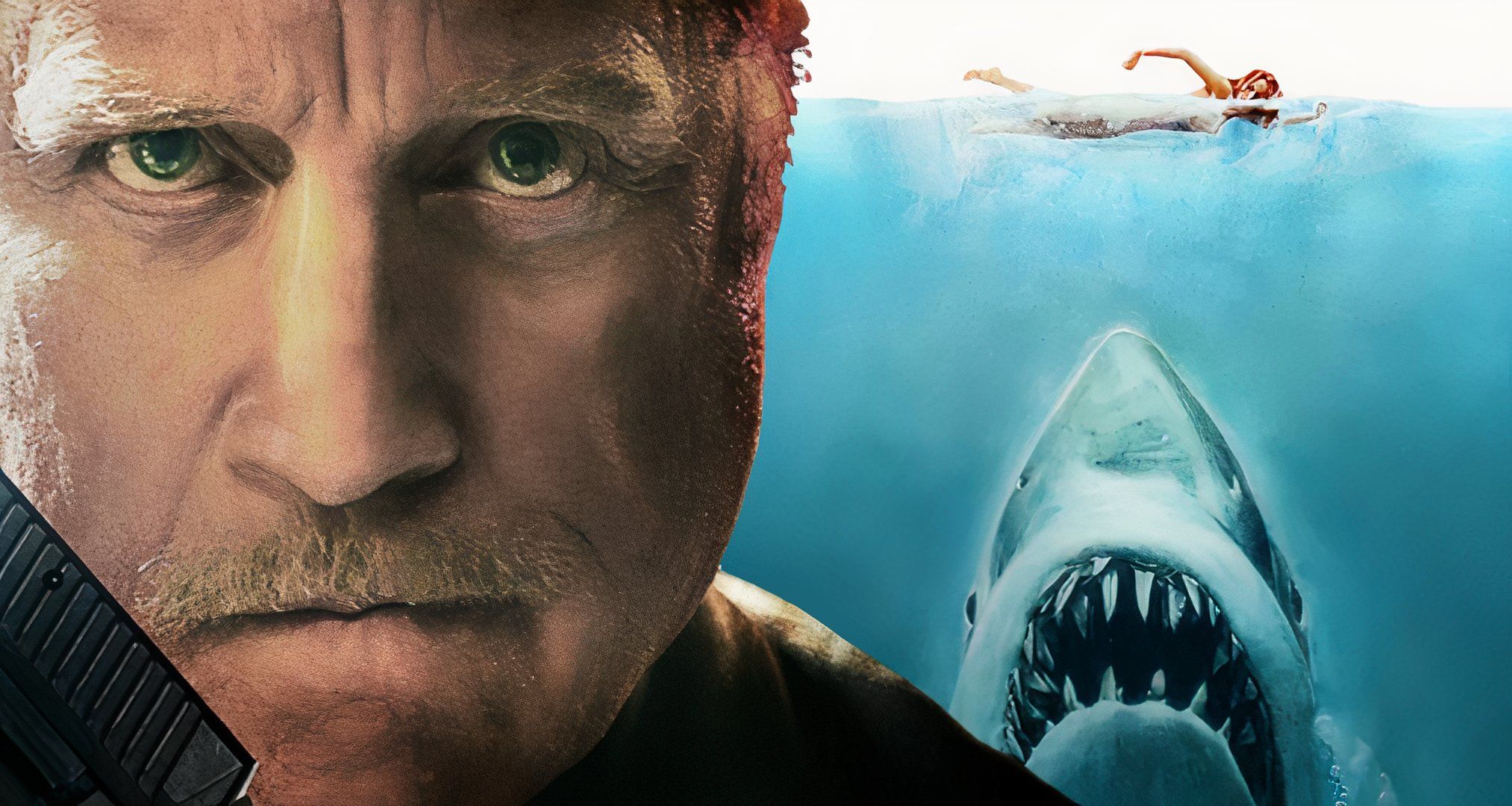 Richard Dreyfuss looking angry alongside the Jaws poster.