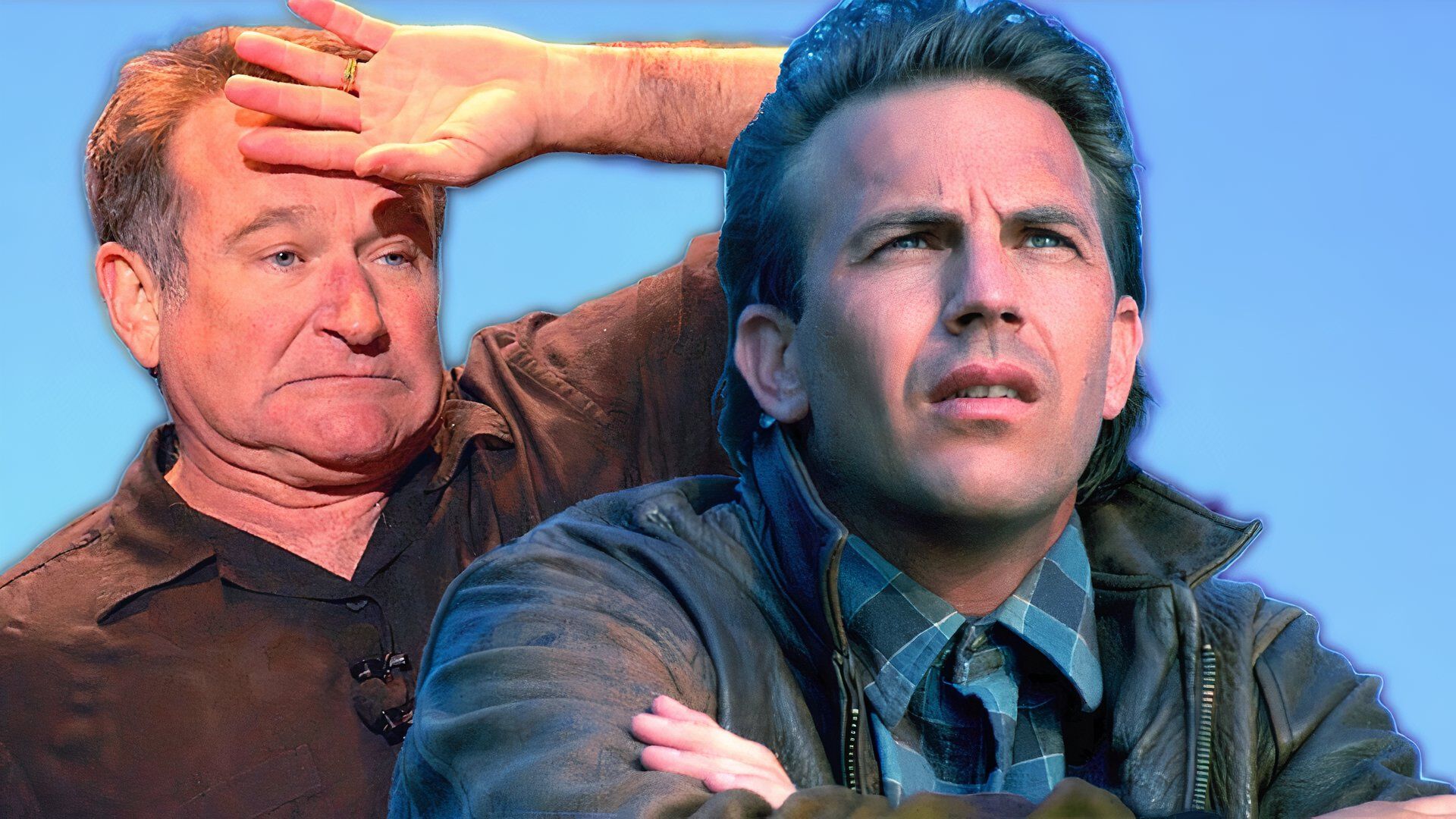 Robin Williams looking exasperated and Kevin Costner in Field of Dreams