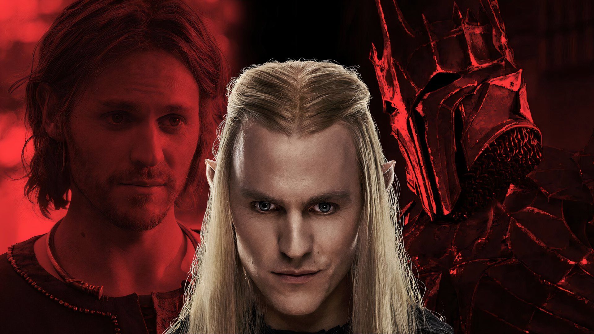 An edited image of Charlie Vickers as Sauron with short hair, long hair, and wearing armor in The Rings of Power