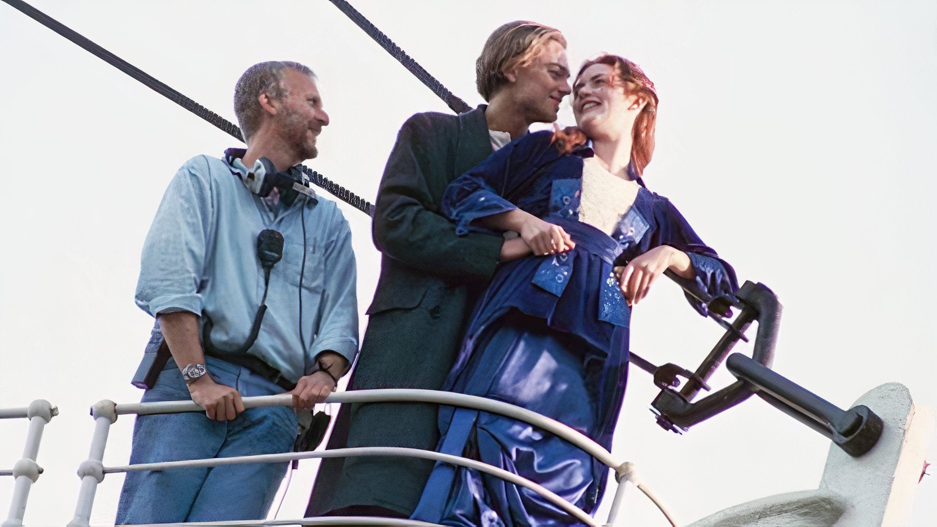 James Cameron Leonardo DiCaprio and Kate Winslet having a laugh between takes on the set of Titanic