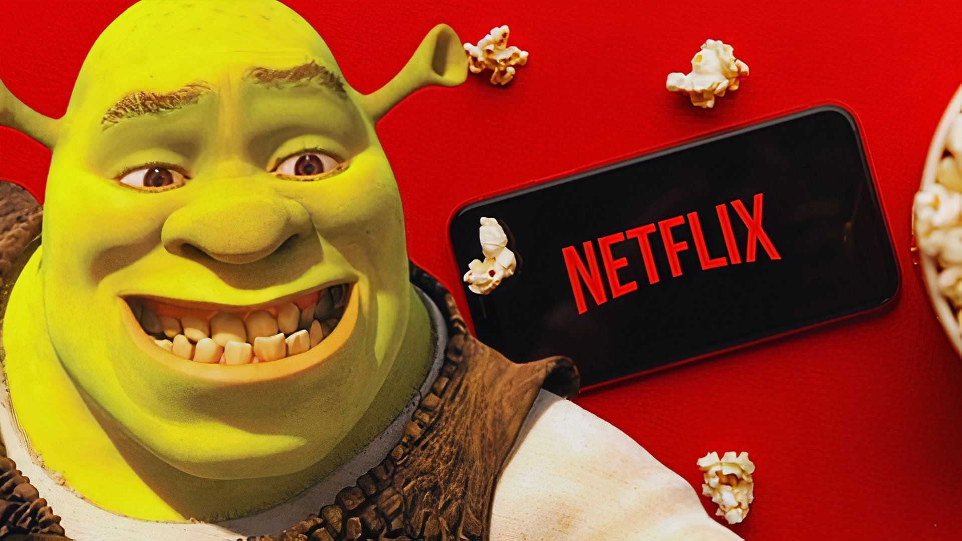 Shrek smiling alongside Netflix on a phone and popcorn.