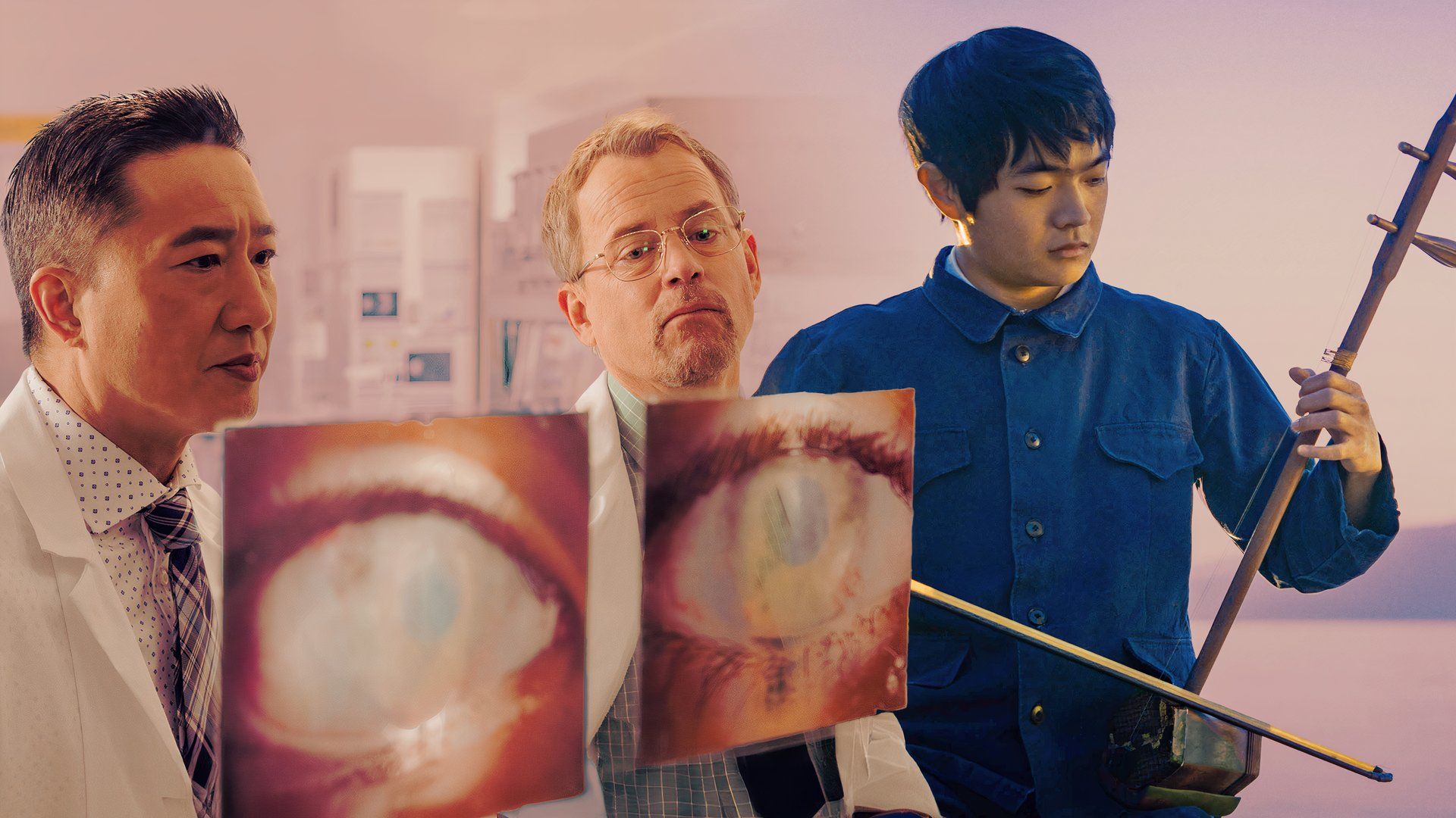 Terry Chen and Greg Kinnear look at eyeballs in the movie Sight while Ben Wang plays a young Dr. Ming Wang