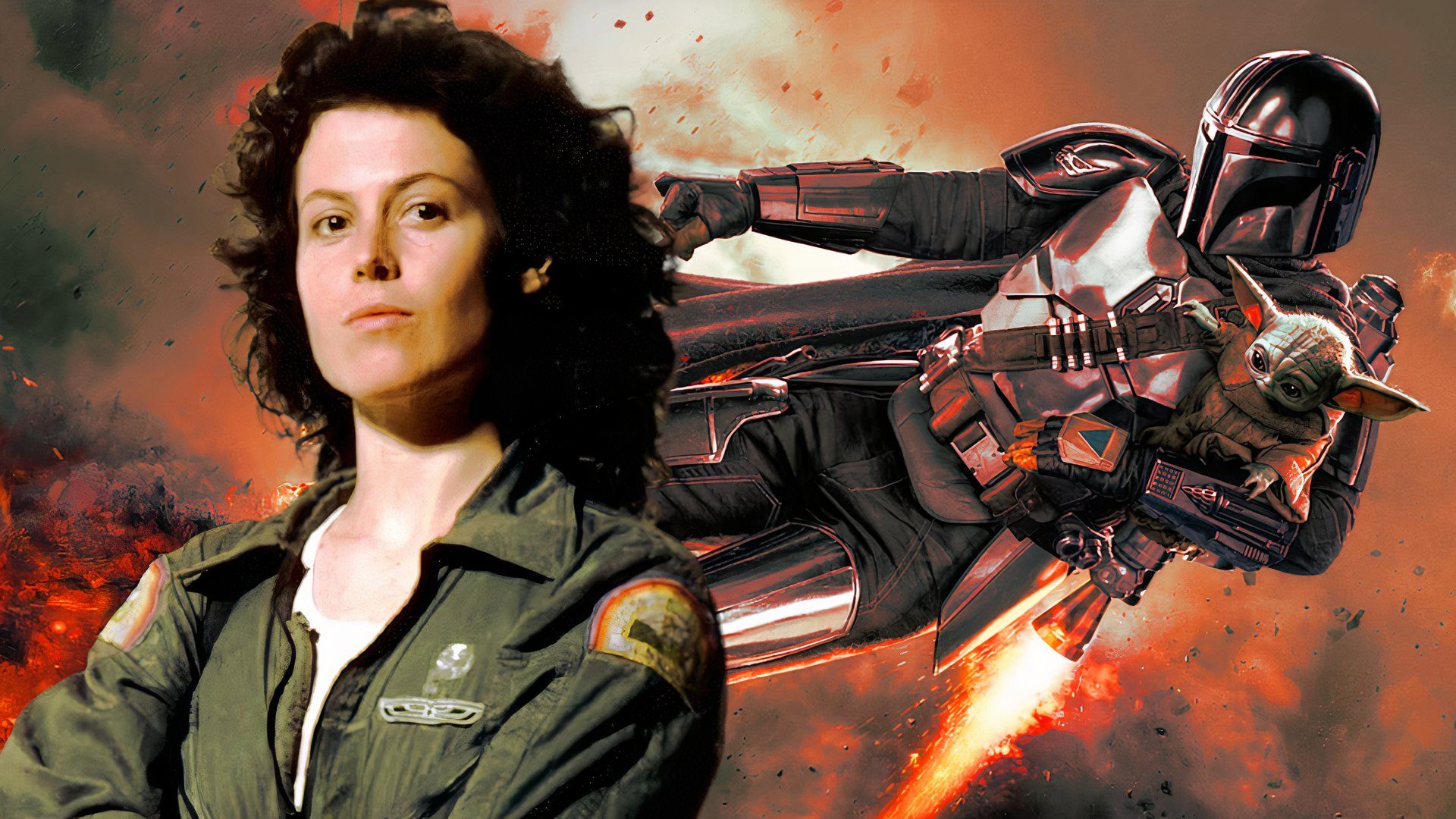Sigourney Weaver in Aliens over and image of The Mandalorian and Grogu