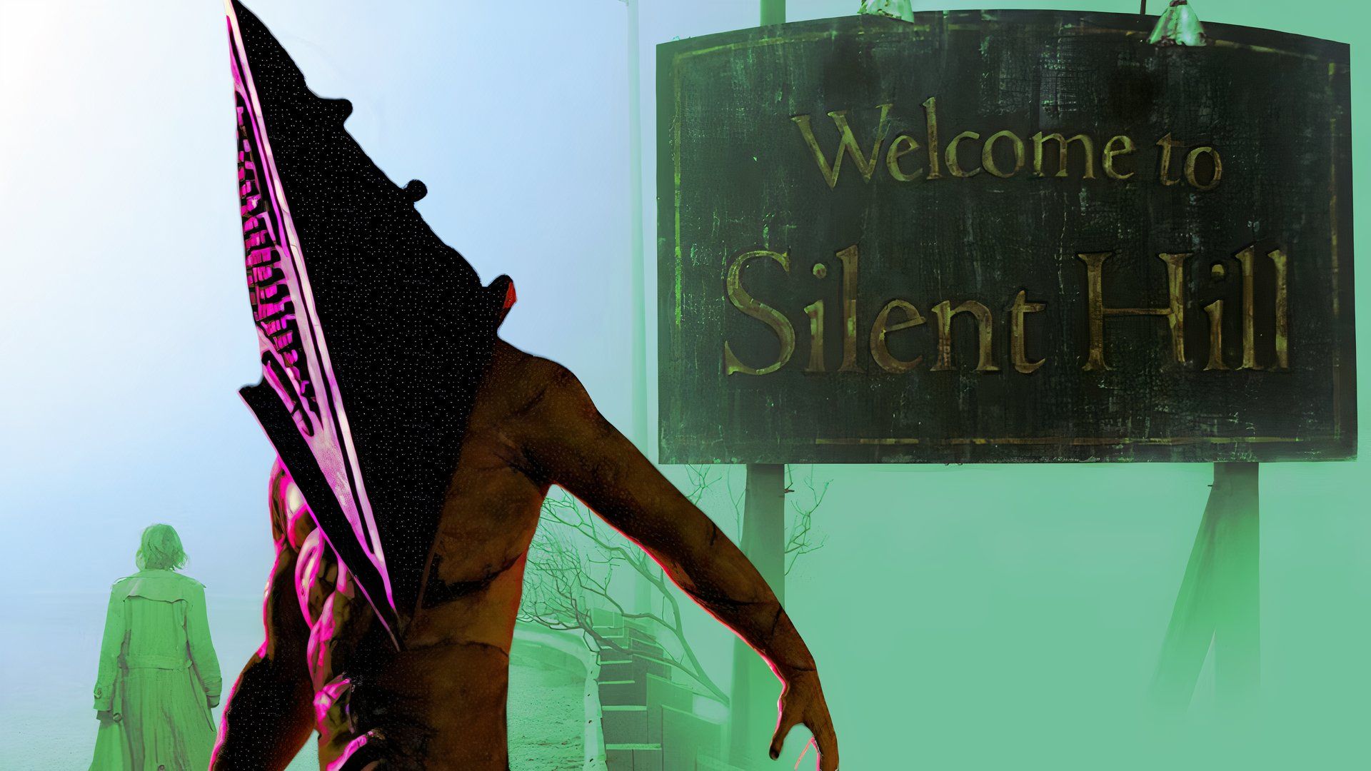 An image of Pyramid Head from Silent Hill: Revelation over the Welcome to Silent Hill sign.