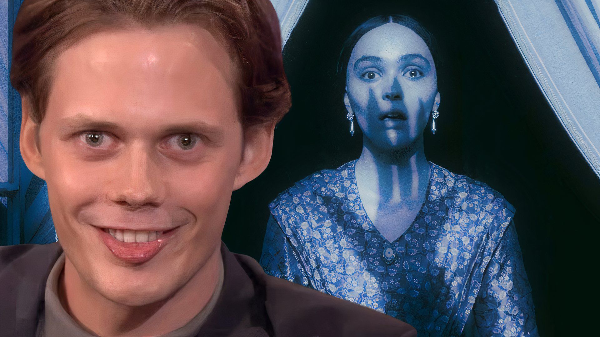 Bill Skarsgard doing his Pennywise face alongside a still from Nosferatu.