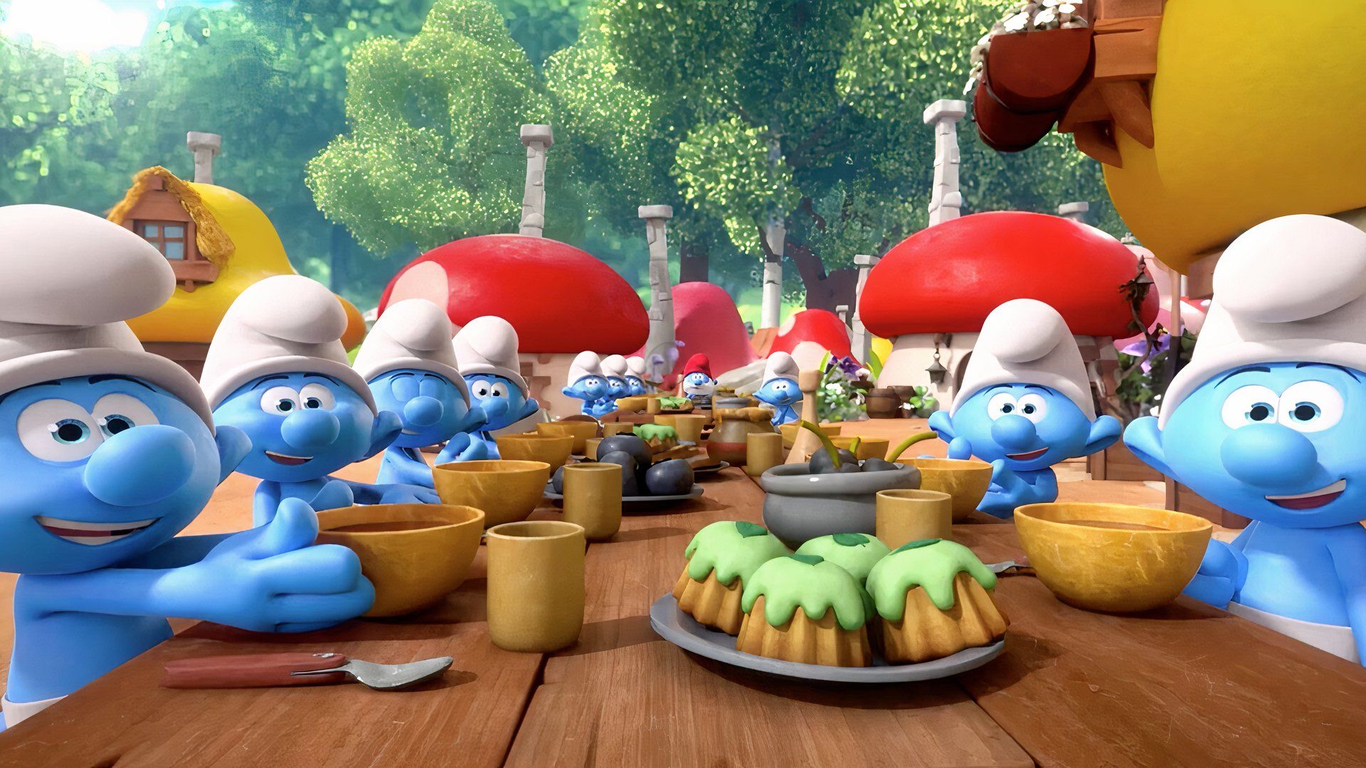 The Smurfs share a meal in The Smurfs