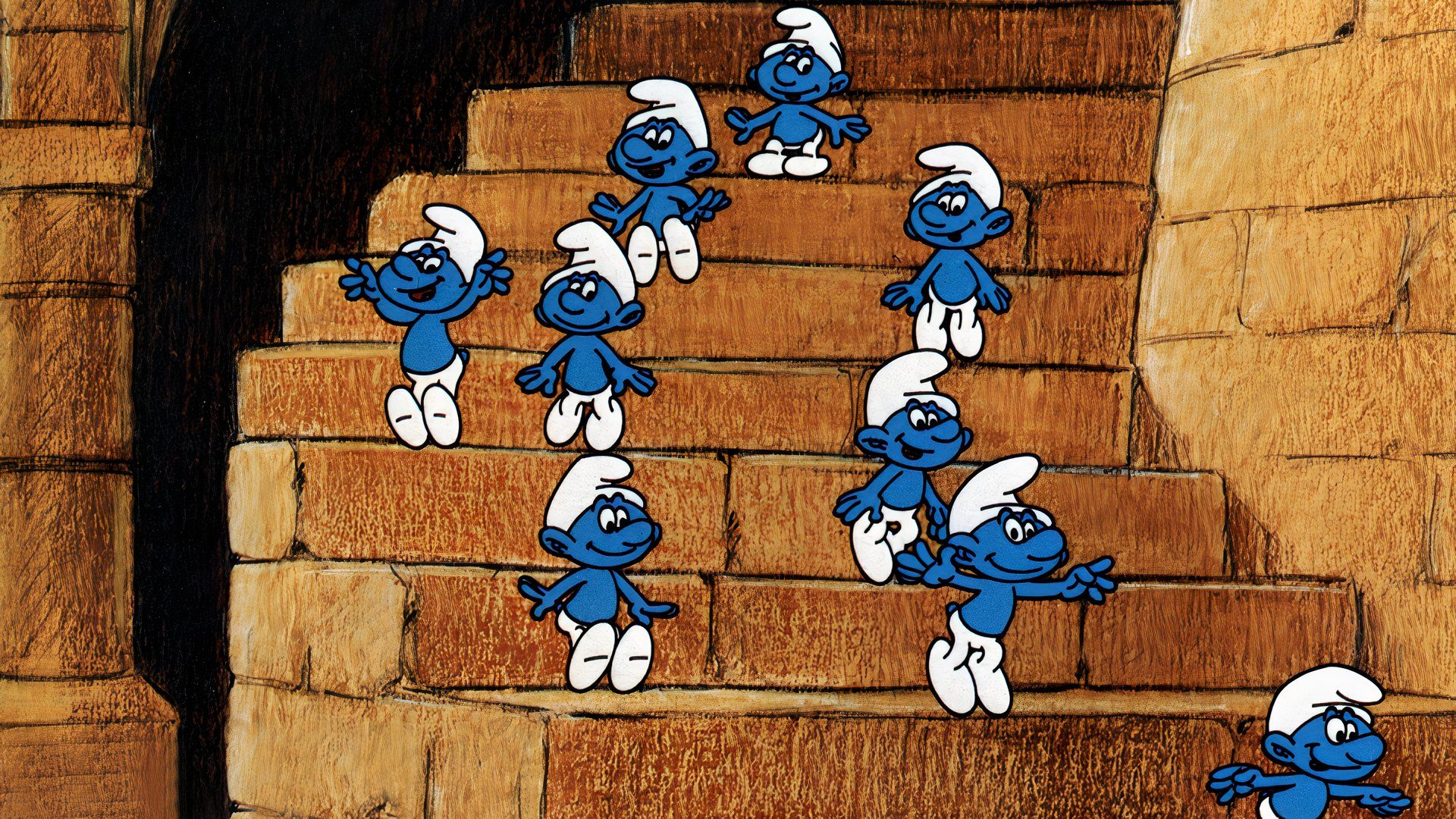 The Smurfs walk down the stairs in The Smurfs
