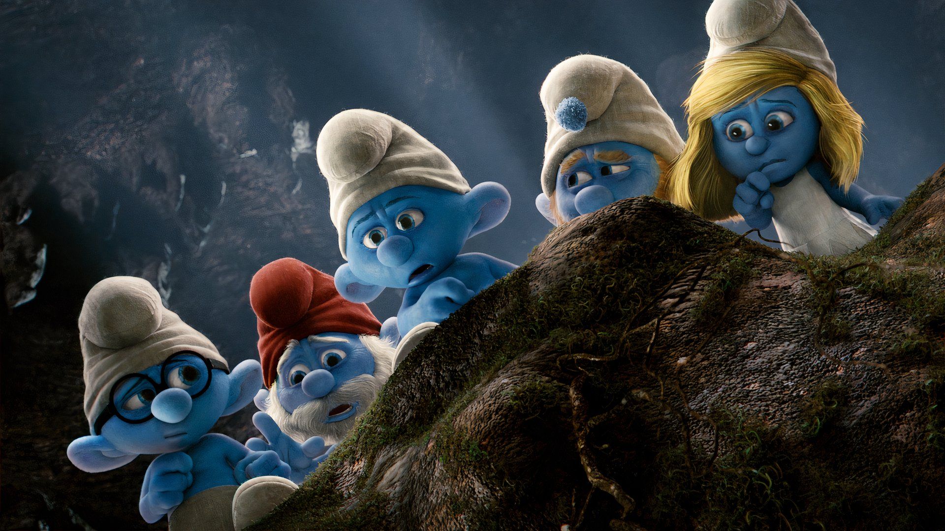 The Smurfs hide behind a log in The Smurfs