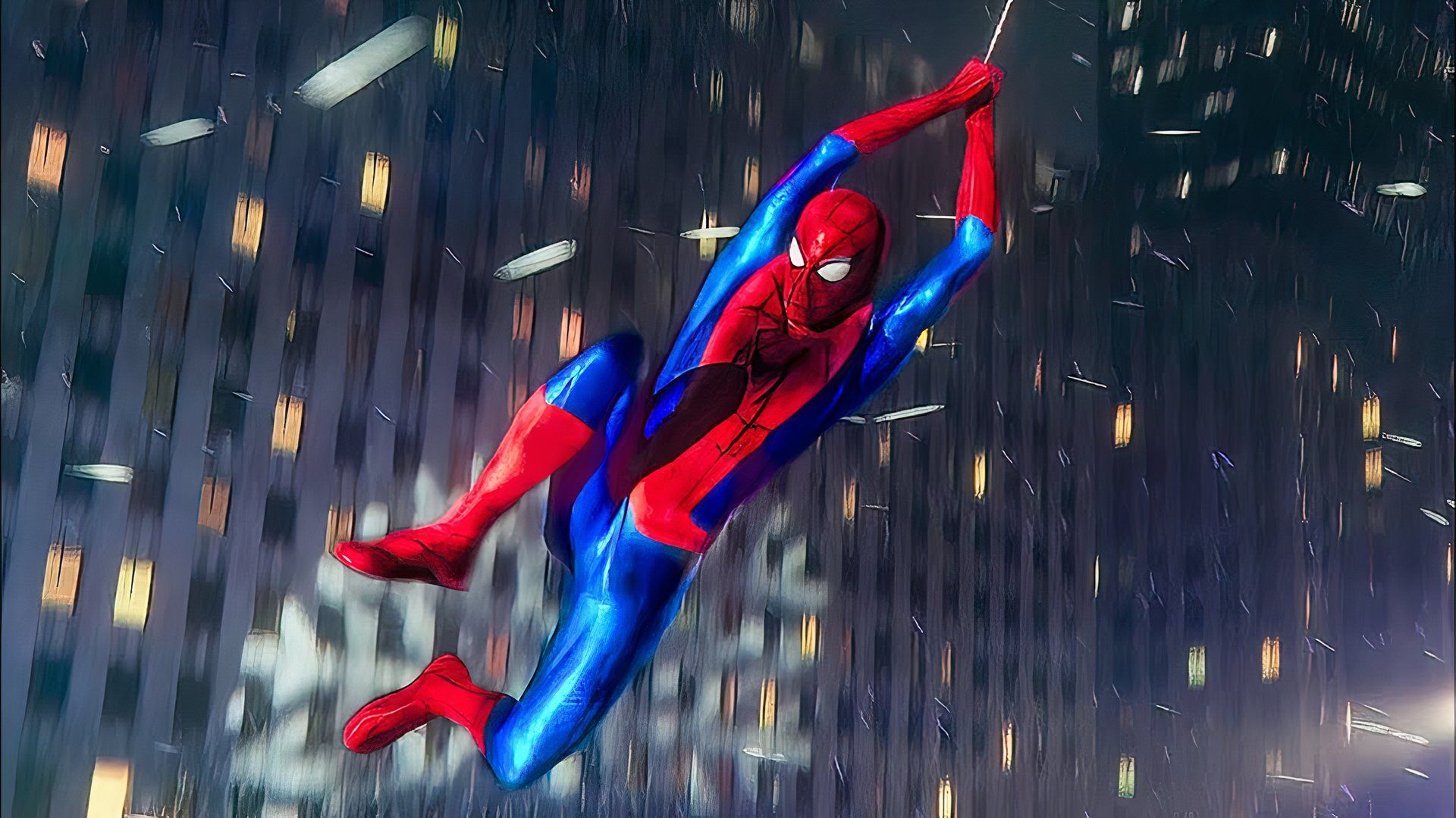 Spider-Man web swinging through New York City at the end of No Way Home.