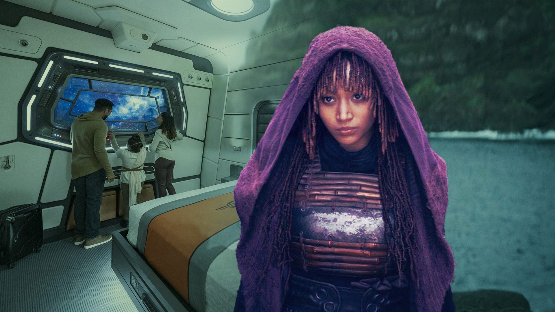 Amandla Stenberg as Mae in The Acolyte with a family staying in the Star Wars hotel