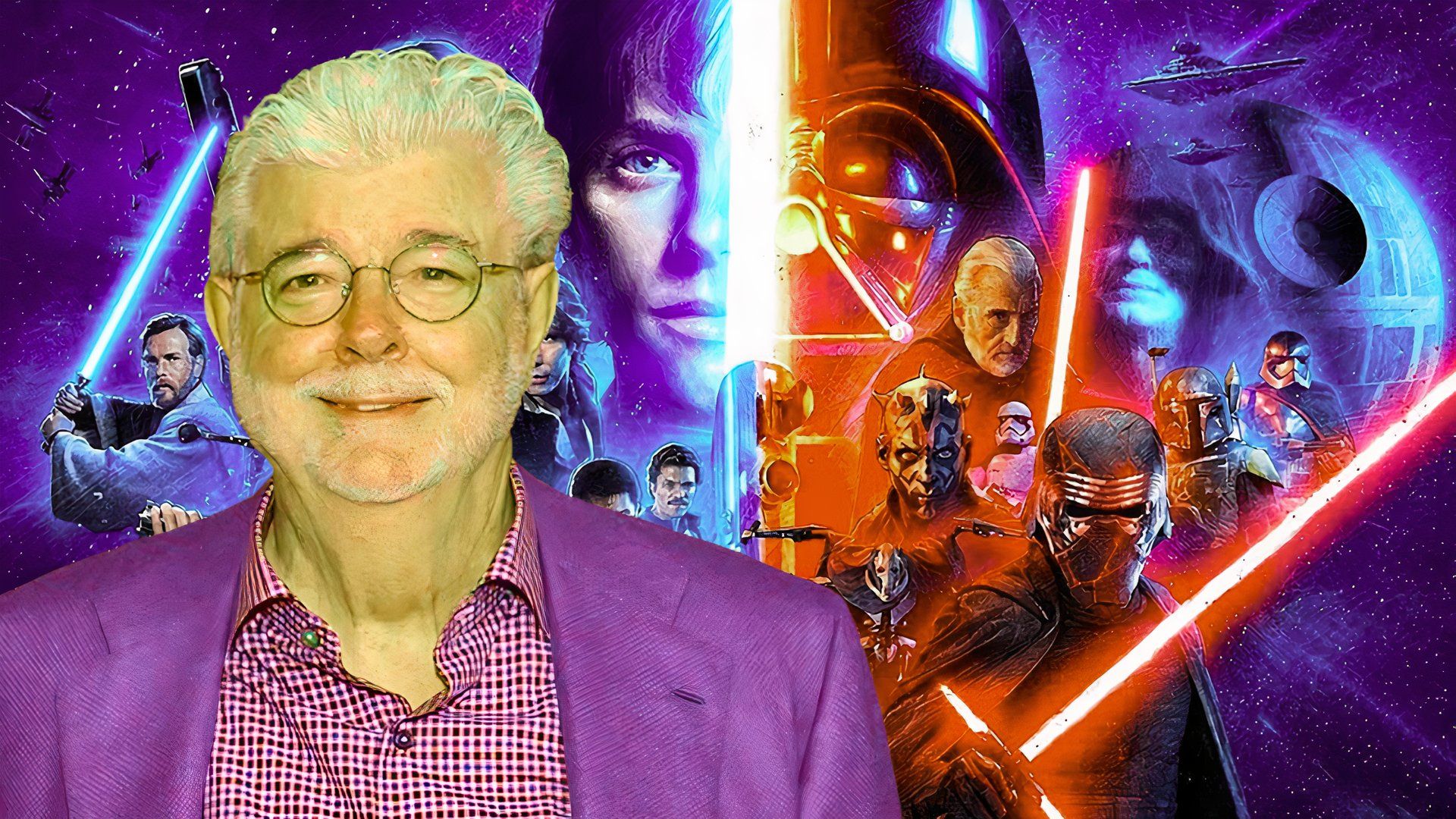 George Lucas over a collage of Star Wars films.