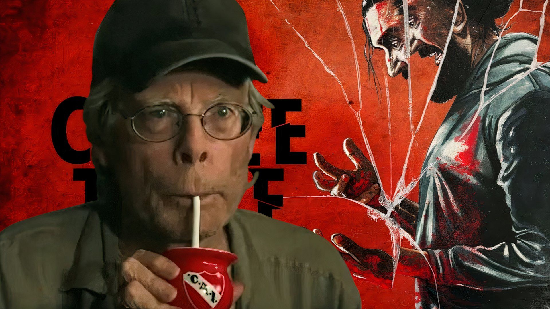 Stephen King sipping a drink over the poster for The Coffee Table